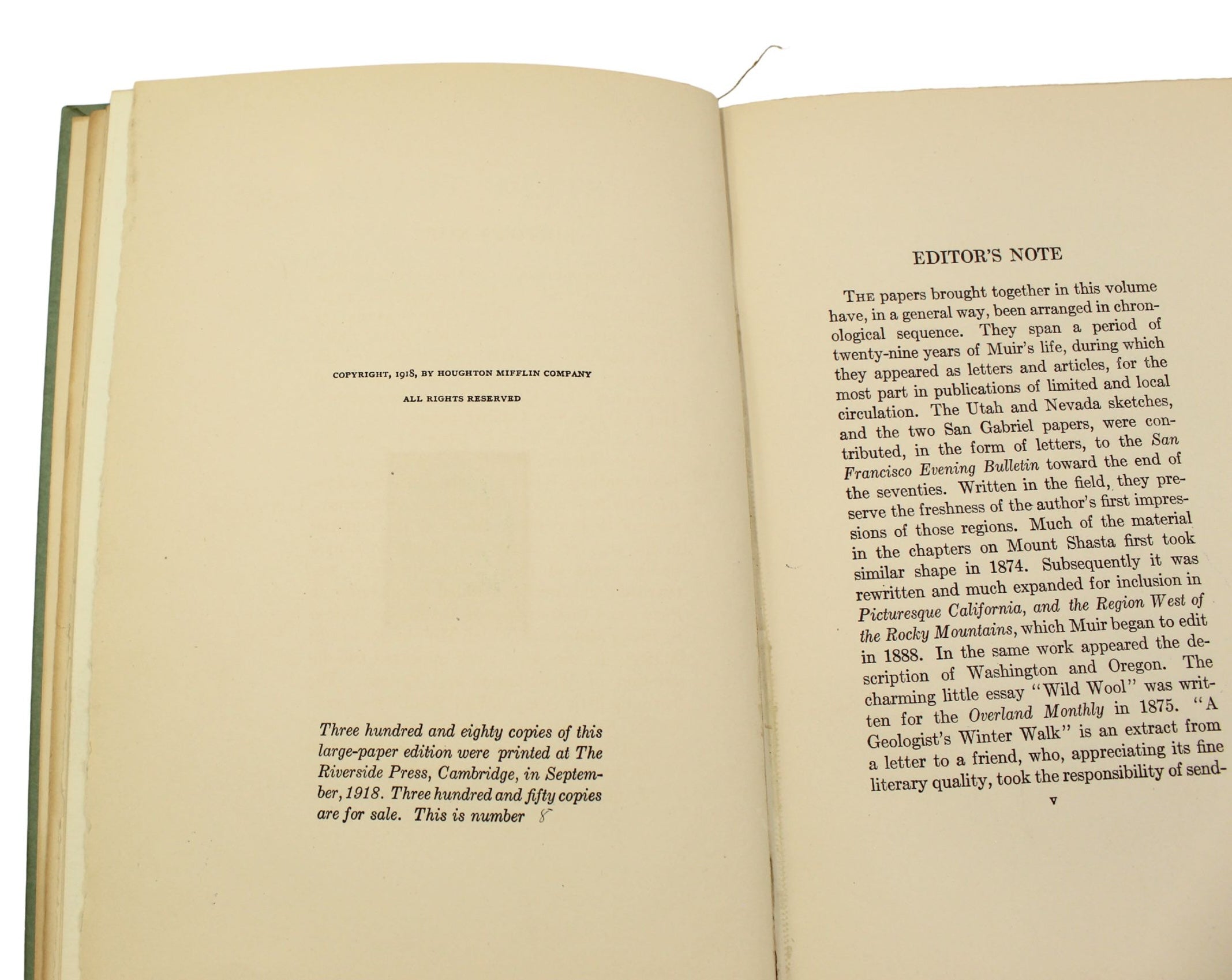 Steep Trails by John Muir, Large Paper Edition, Numbered 8 of 380, in Original Boards, 1918