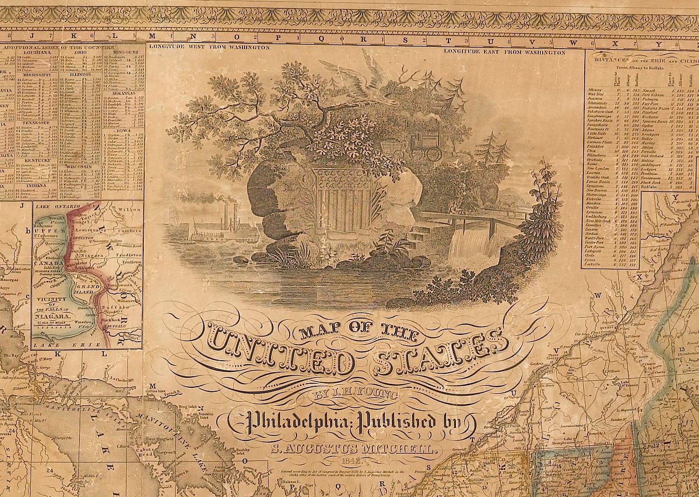 1842 Wall Map of United States, Engraved by J. H. Young, Published by S. A. Mitchell - The Great Republic
