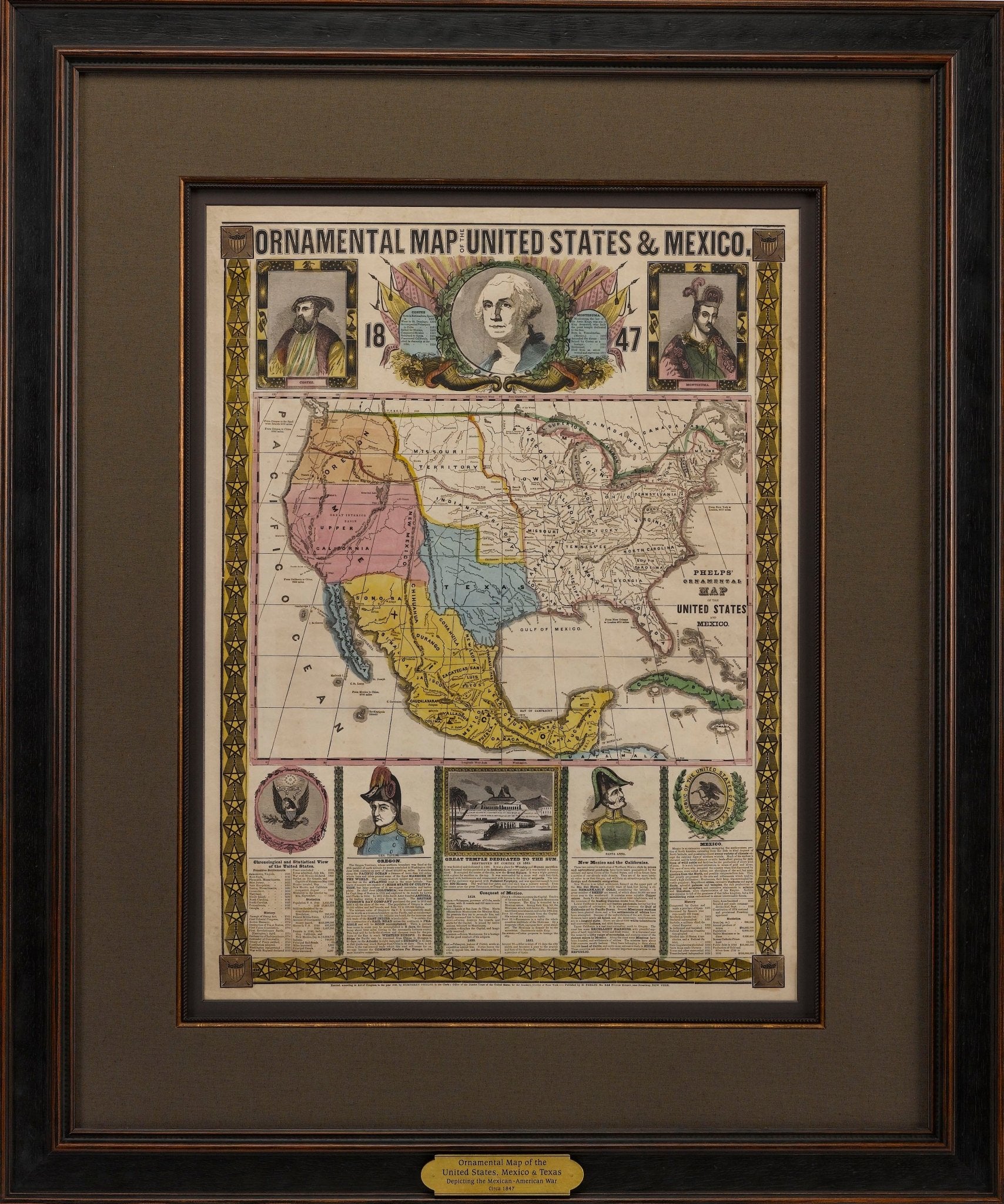 1847 "Ornamental Map of the United States & Mexico" by H. Phelps, Hand - Colored Broadside - The Great Republic