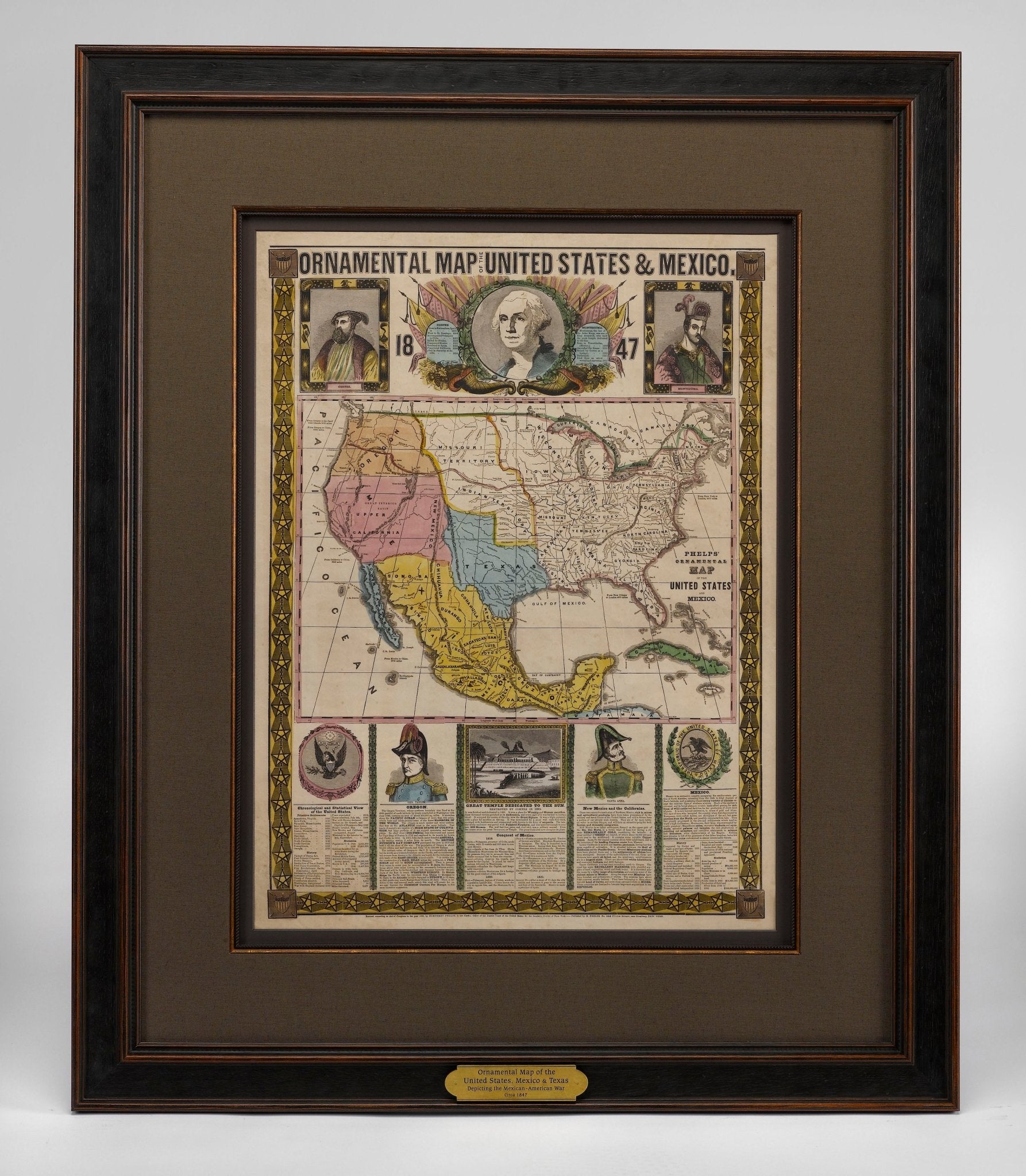 1847 "Ornamental Map of the United States & Mexico" by H. Phelps, Hand - Colored Broadside - The Great Republic