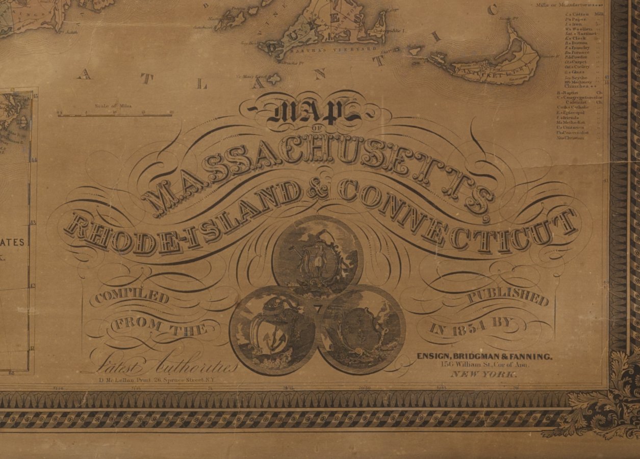 1854 Wall Map of Massachusetts, Rhode Island & Connecticut by Ensign, Bridgman & Fanning Engraving - The Great Republic