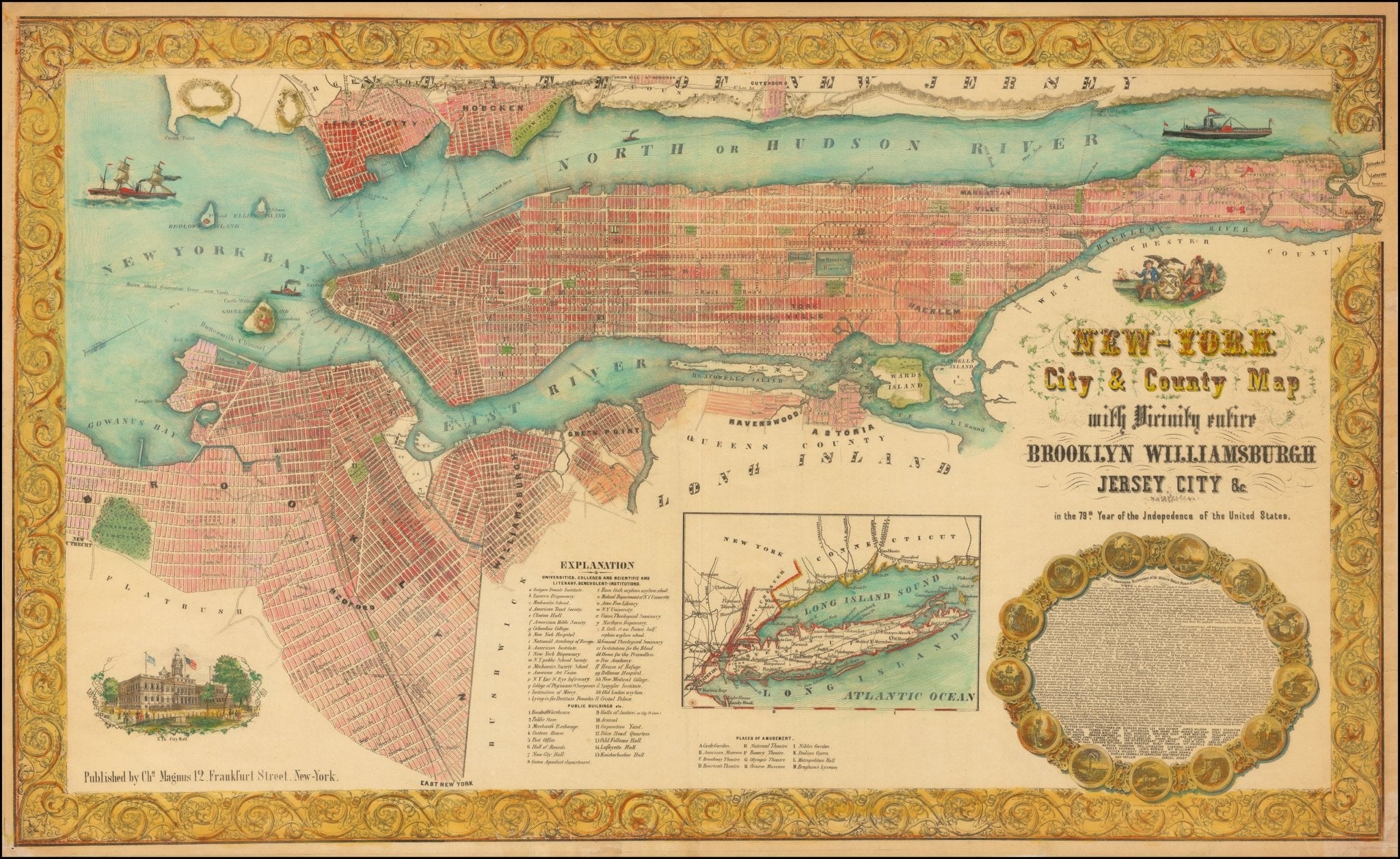 1855 "New York City & County Map with Vicinity entire Brooklyn Wiliamsburgh Jersey City" Charles Magnus - The Great Republic