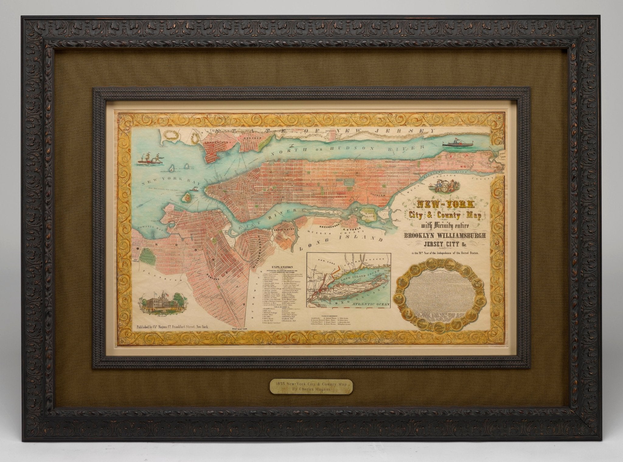 1855 "New York City & County Map with Vicinity entire Brooklyn Wiliamsburgh Jersey City" Charles Magnus - The Great Republic