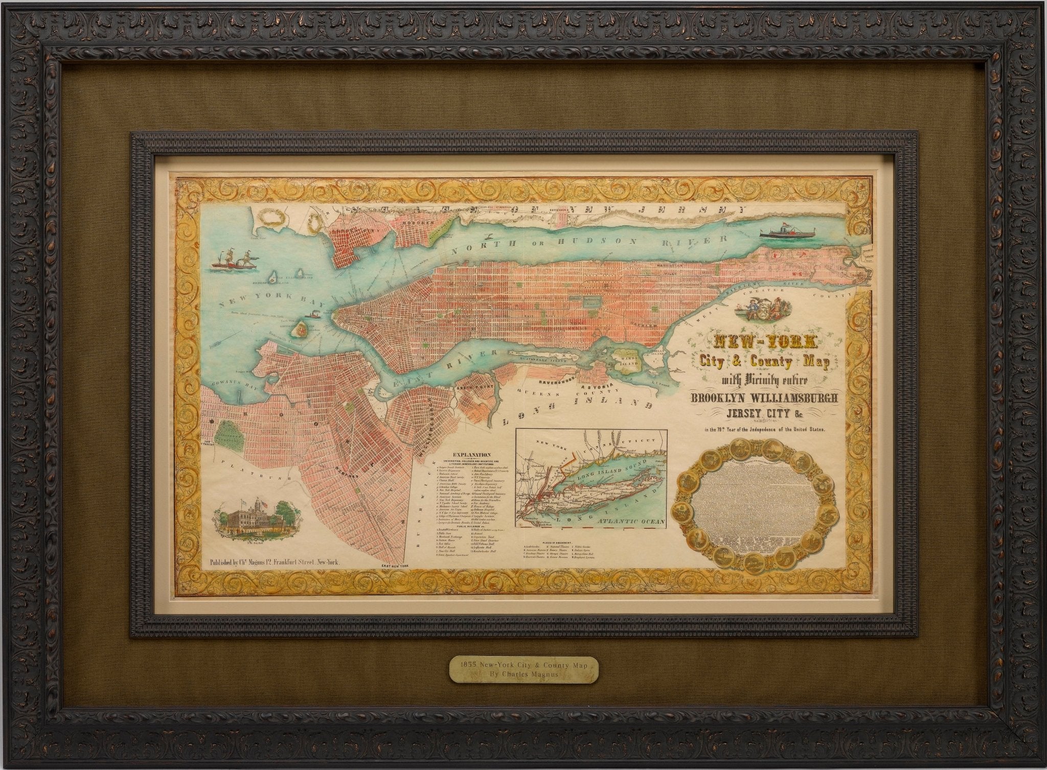 1855 "New York City & County Map with Vicinity entire Brooklyn Wiliamsburgh Jersey City" Charles Magnus - The Great Republic