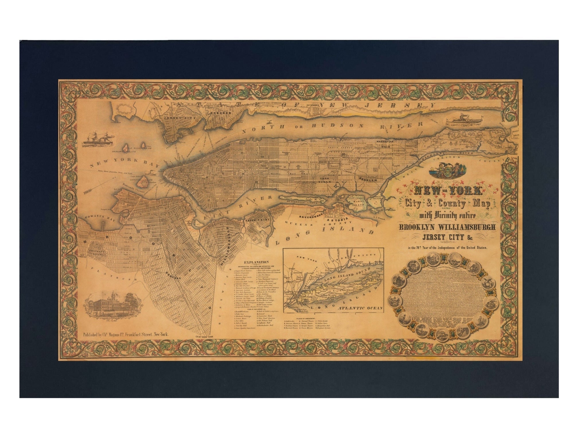 1855 New - York City & County Map with Vicinity entire Brooklyn Williamsburgh Jersey City & c. by Charles Magnus - The Great Republic
