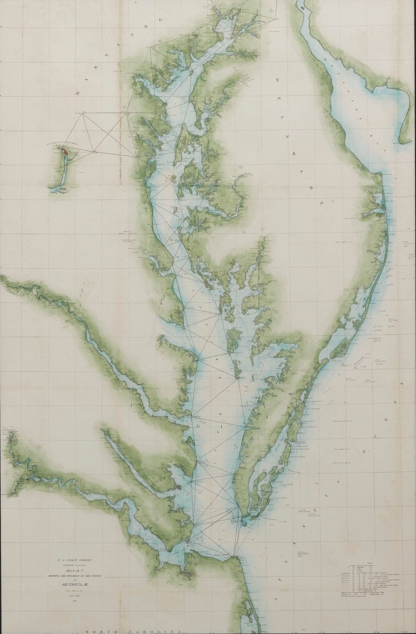 1856 "U.S. Coast Survey Map of Chesapeake Bay and Delaware Bay" by A. D. Bache. - The Great Republic