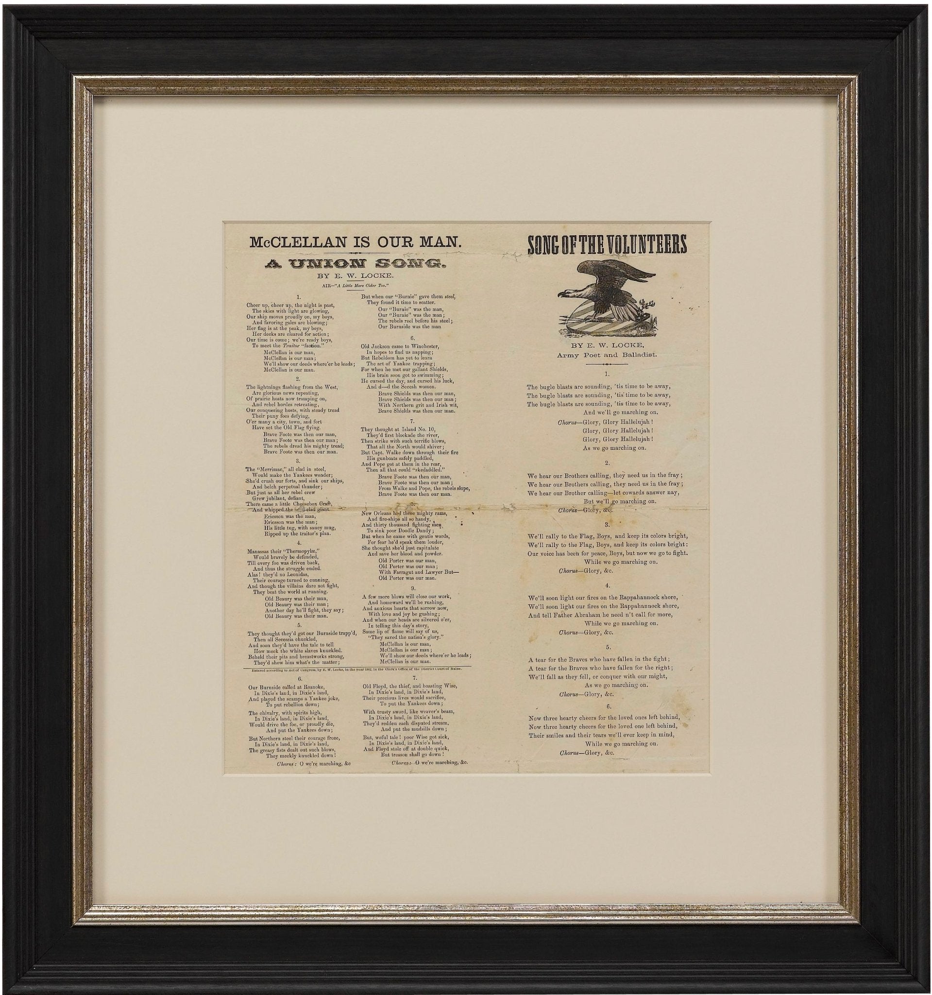 1862 "McClellan is Our Man" and "Song of the Volunteers" Civil War Song Sheet, by E. W. Locke - The Great Republic