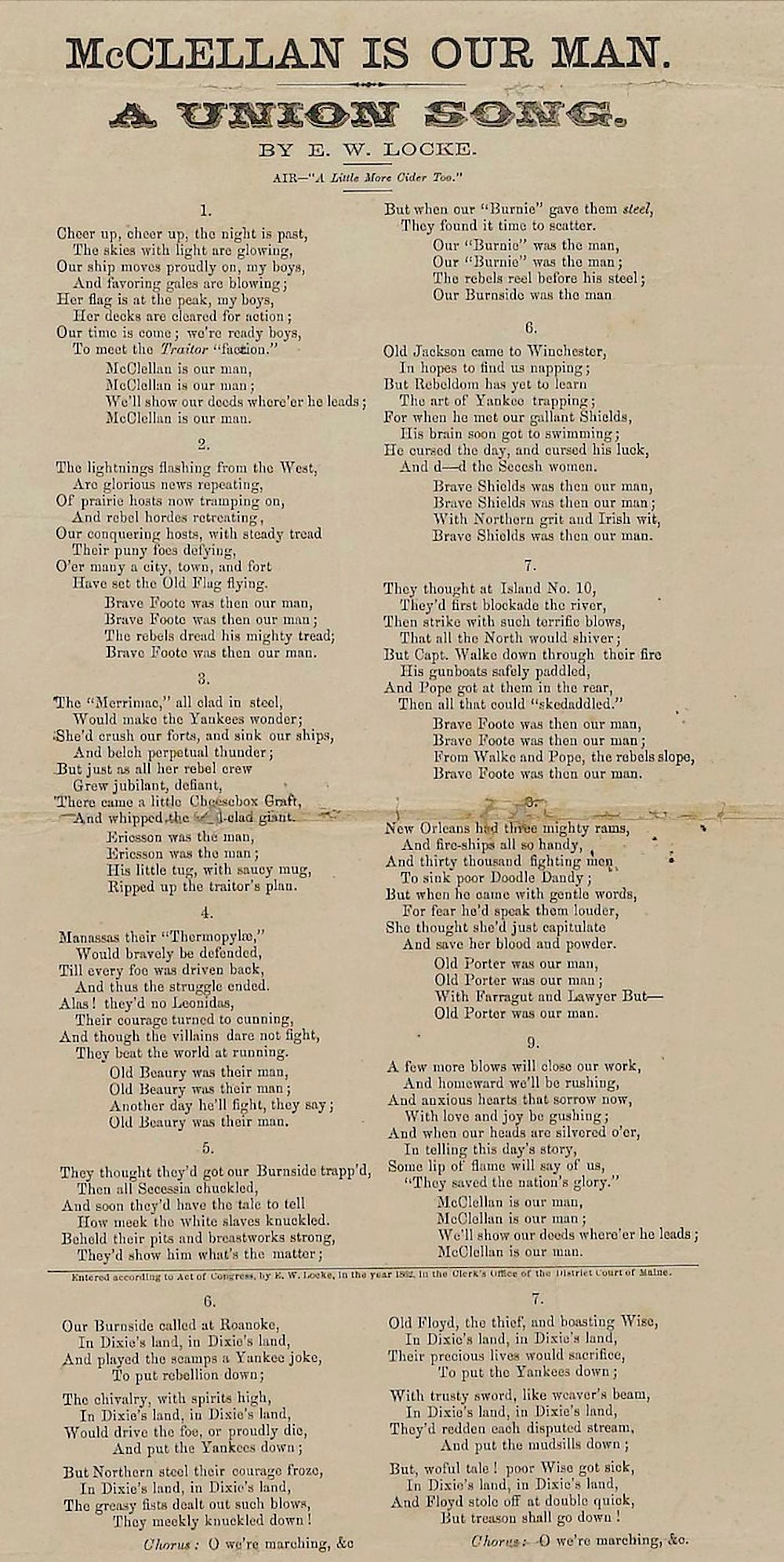 1862 "McClellan is Our Man" and "Song of the Volunteers" Civil War Song Sheet, by E. W. Locke - The Great Republic