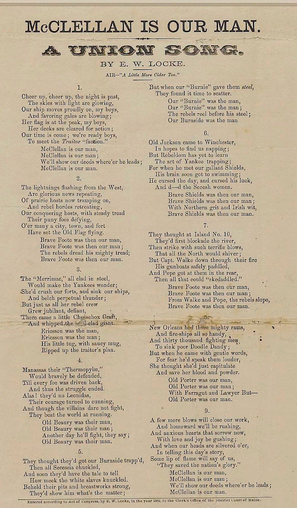 1862 "McClellan is Our Man" and "Song of the Volunteers" Civil War Song Sheet, by E. W. Locke - The Great Republic