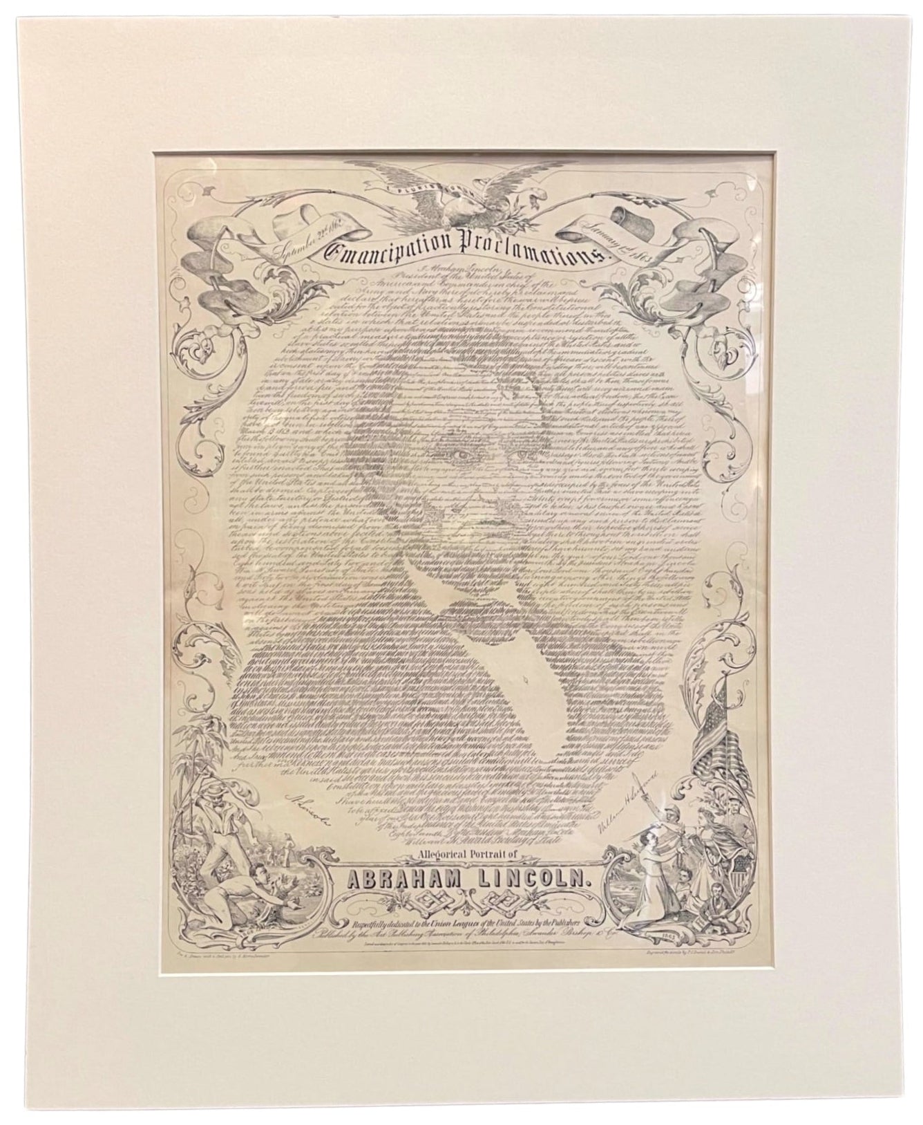1865 "Emancipation Proclamations. Allegorical Portrait of Abraham Lincoln" Engraving by Swander, Bishop & Co. - The Great Republic