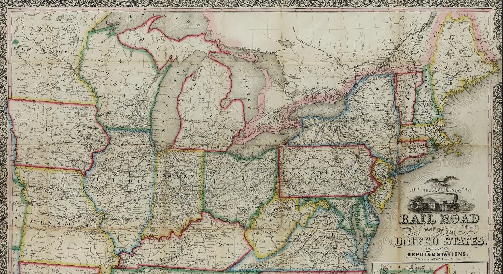 1866 "Ensign & Bridgman's Rail Road Map of the United States, showing Depots & Stations" - The Great Republic