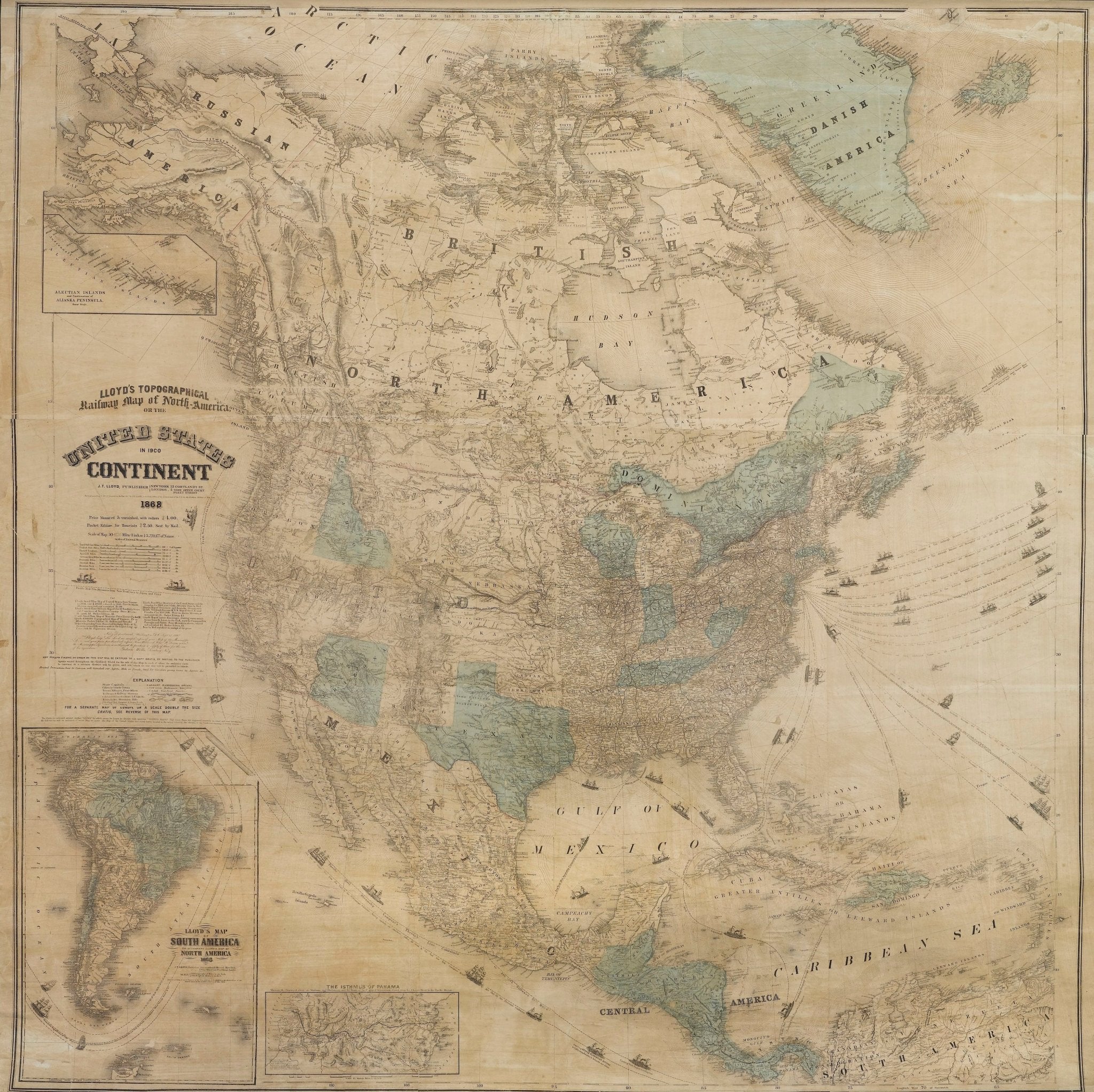 1868 "Lloyd's Topographical Railway Map of North America, or The United States Continent in 1900" Hanging Wall Map - The Great Republic