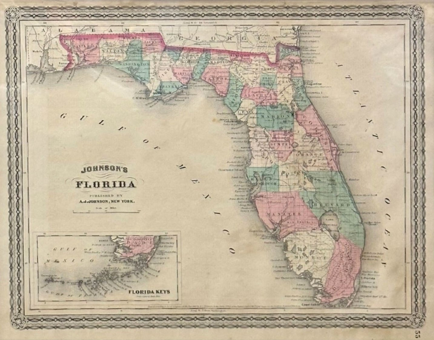 1870 "Johnson's Florida" Map Published by A. J. Johnson - The Great Republic