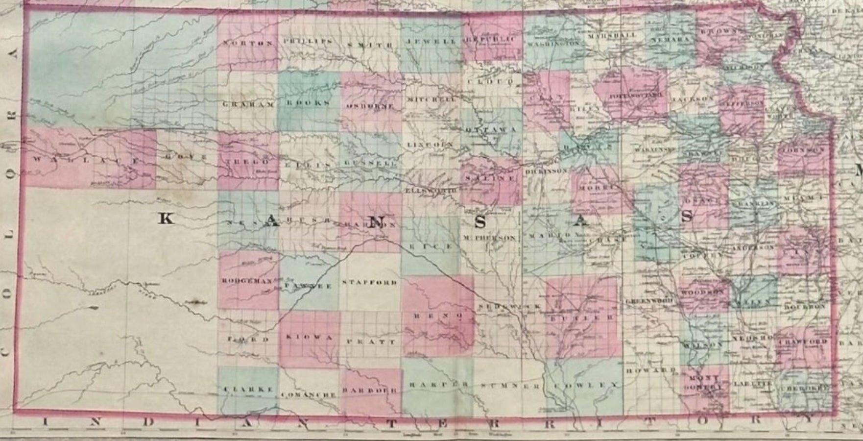 1870 "Johnson's Kansas and Nebraska" Map Published by A. J. Johnson - The Great Republic