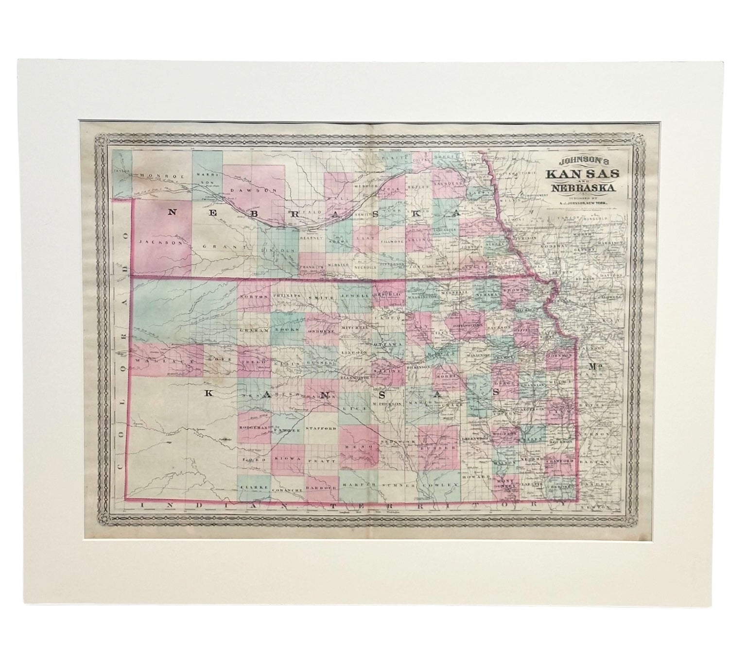 1870 "Johnson's Kansas and Nebraska" Map Published by A. J. Johnson - The Great Republic
