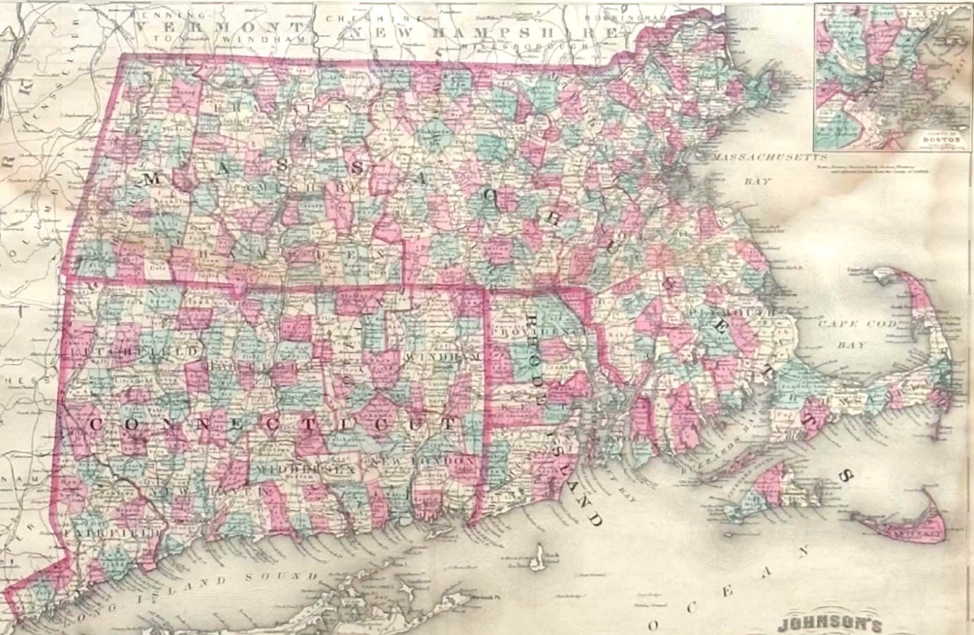 1870 "Johnson's Massachusetts, Connecticut and Rhode Island" Map Published by A. J. Johnson - The Great Republic