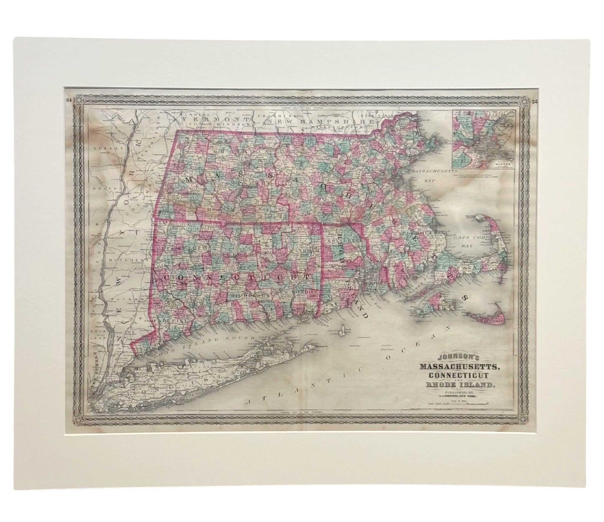 1870 "Johnson's Massachusetts, Connecticut and Rhode Island" Map Published by A. J. Johnson - The Great Republic