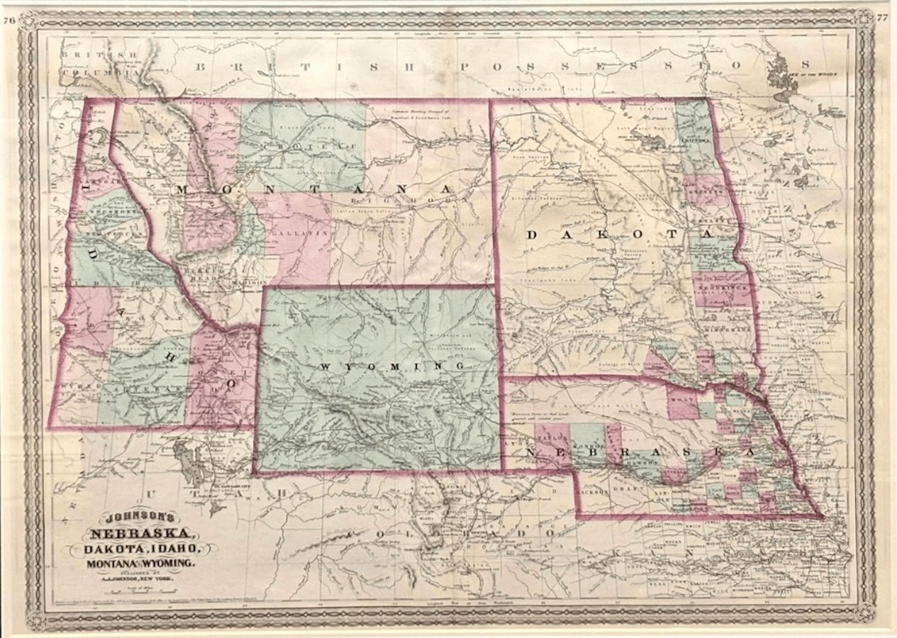 1870 "Johnson's Nebraska, Dakota, Idaho, Montana and Wyoming" Map Published by A. J. Johnson - The Great Republic