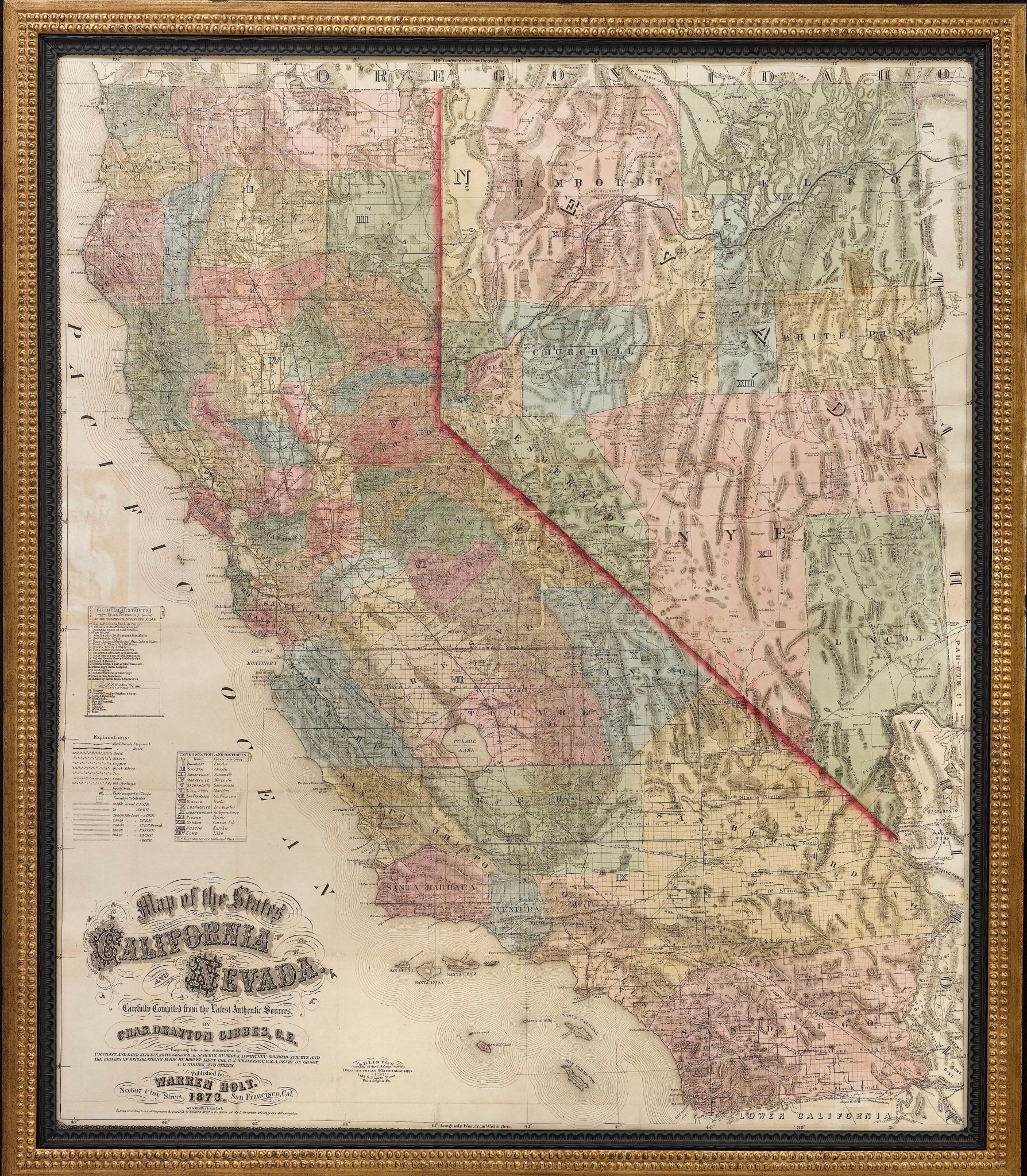 1873 "Map of the States of California and Nevada. Carefully Compiled from the Latest Authentic Sources" by Chas. Drayton Gibbes - The Great Republic