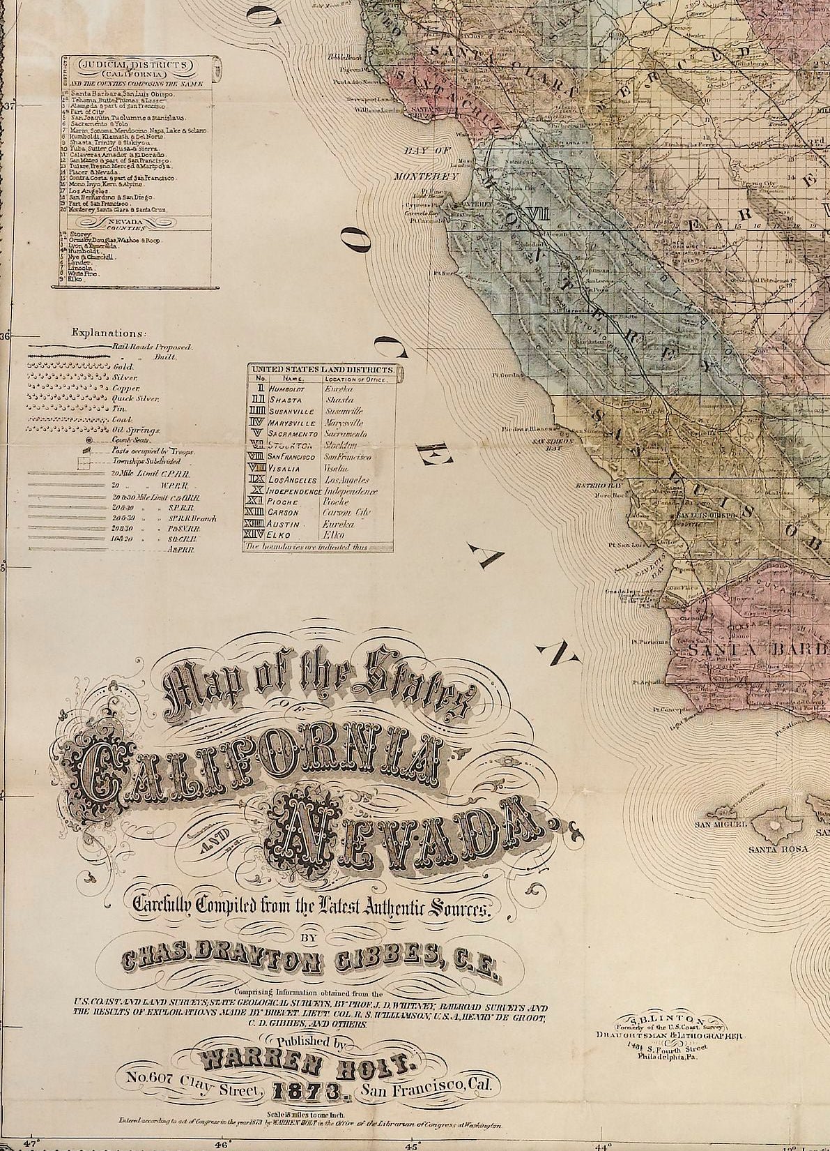 1873 "Map of the States of California and Nevada. Carefully Compiled from the Latest Authentic Sources" by Chas. Drayton Gibbes - The Great Republic