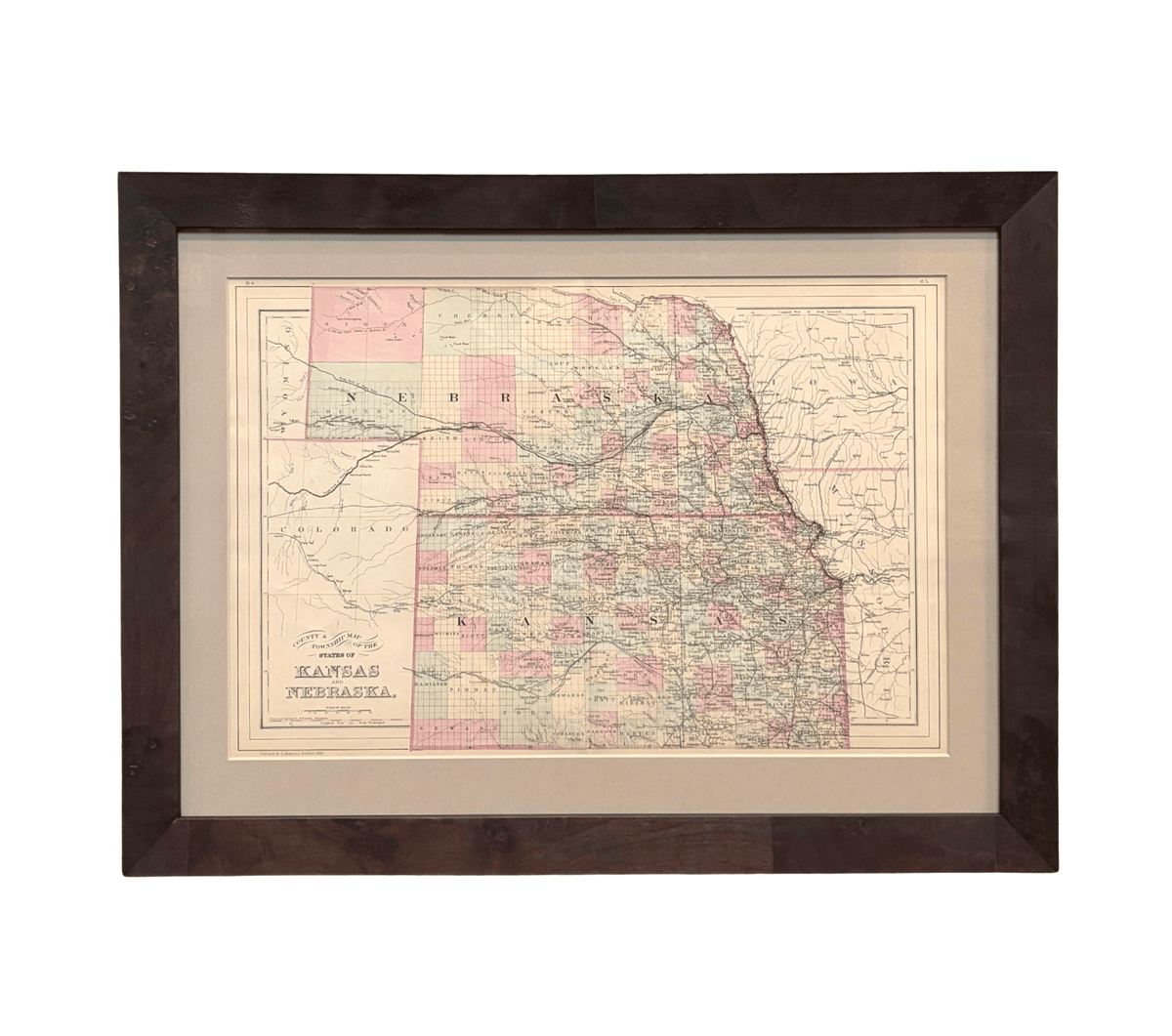 1884 "County and Township Map of the States of Kansas and Nebraska" by S. Augustus Mitchell - The Great Republic
