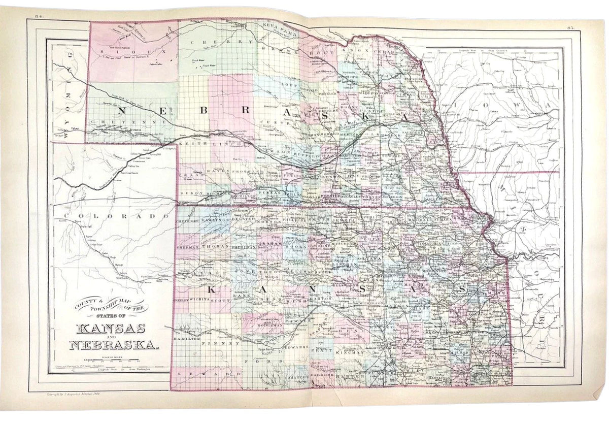 1886 "County and Township Map of the States of Kansas and Nebraska" by S. Augustus Mitchell - The Great Republic