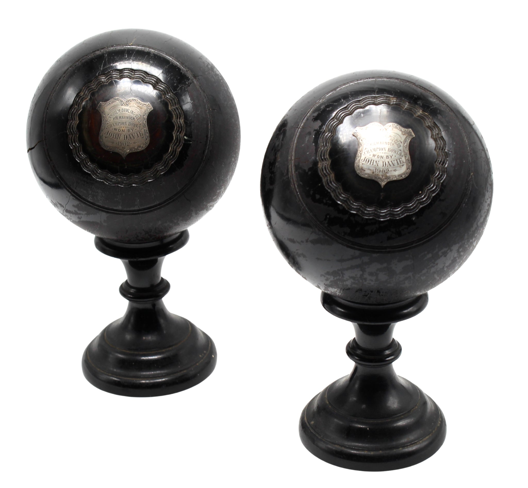 1902 Pair of Presentation Lawn Bowls with Sterling Silver Plaques and Original Bases - The Great Republic