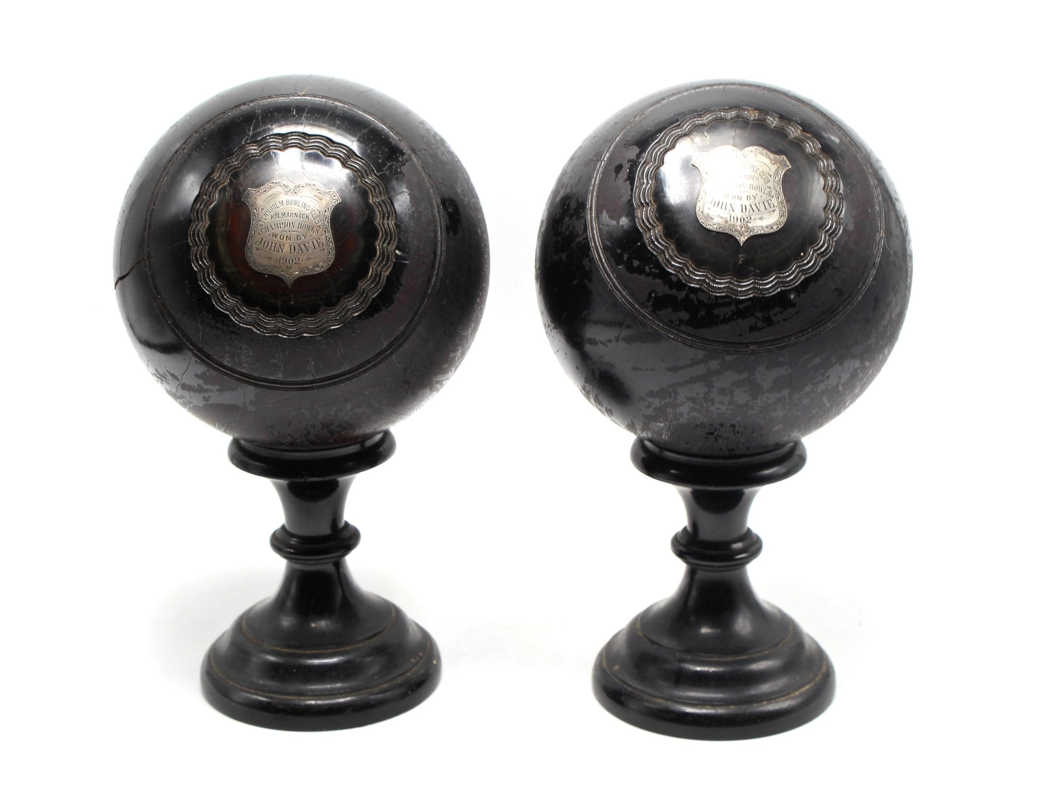 1902 Pair of Presentation Lawn Bowls with Sterling Silver Plaques and Original Bases - The Great Republic