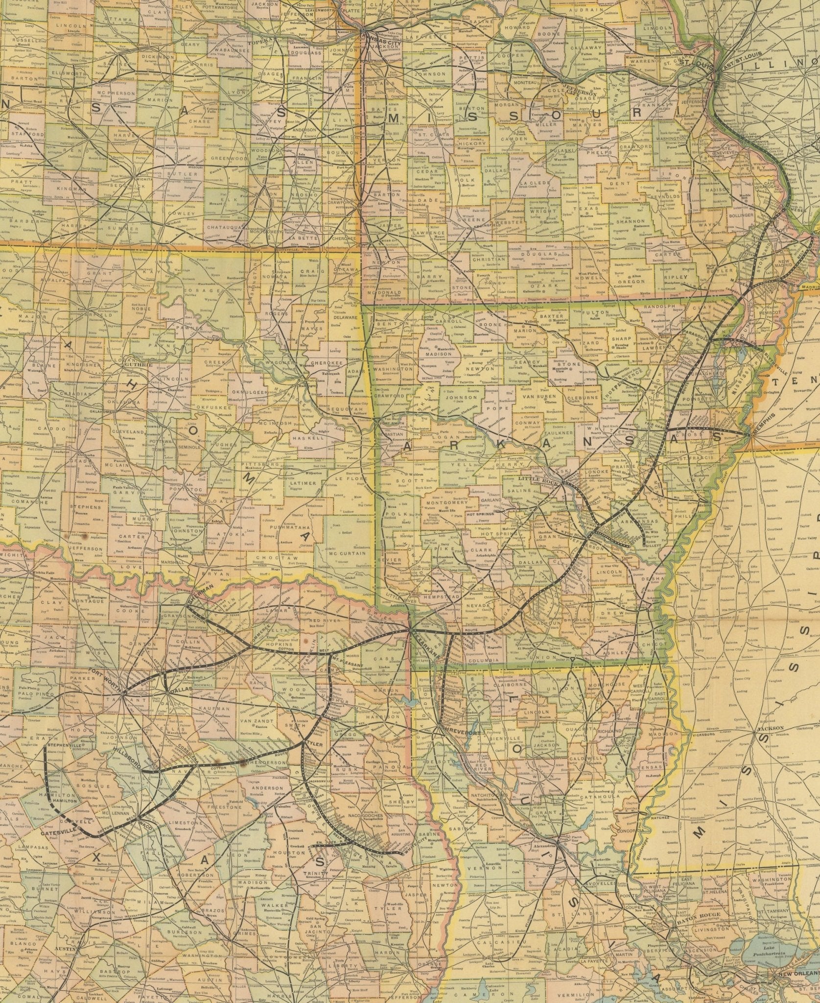 1909 "Geographically Correct County Map of St. Louis Southwestern Railway Lines" by Poole Bros. - The Great Republic