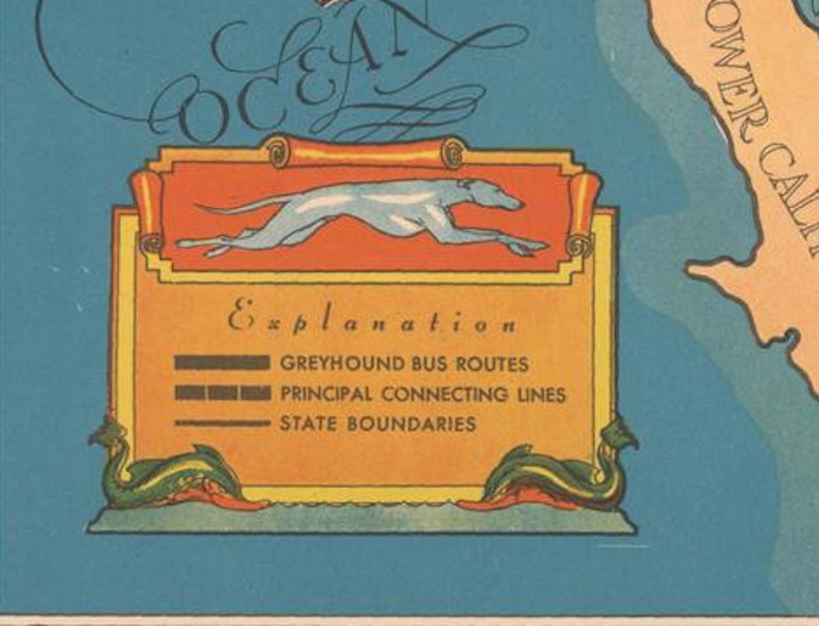 1939 "A Good - Natured Map of the United States Setting Forth the Services of the Greyhound Lines and a Few Principal Connecting Bus Lines" by Greyhound - The Great Republic