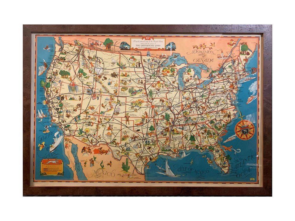 1939 "A Good - Natured Map of the United States Setting Forth the Services of the Greyhound Lines and a Few Principal Connecting Bus Lines" by Greyhound - The Great Republic