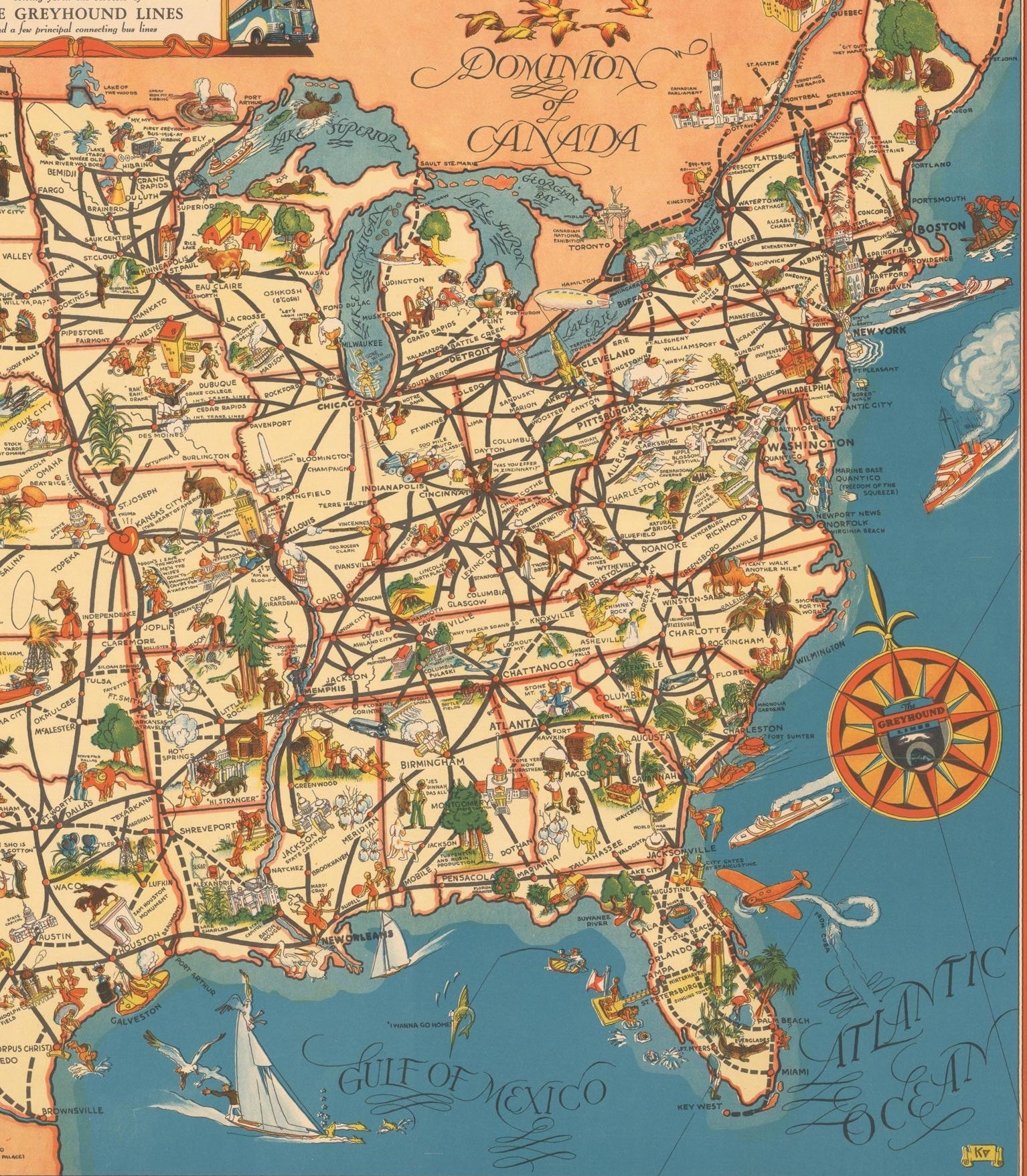 1939 "A Good - Natured Map of the United States Setting Forth the Services of the Greyhound Lines and a Few Principal Connecting Bus Lines" by Greyhound - The Great Republic
