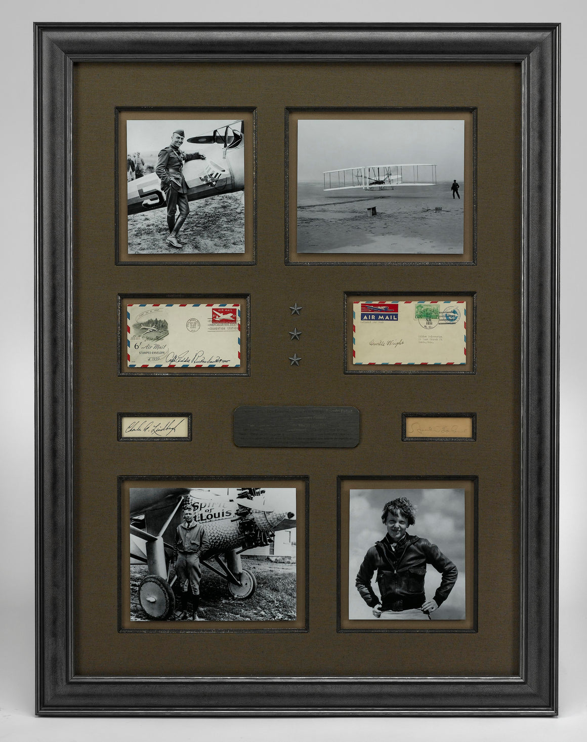 American Aviator Pioneers Collage, with Signatures of Orville Wright, Eddie Rickenbacker, Charles Lindbergh, and Amelia Earhart