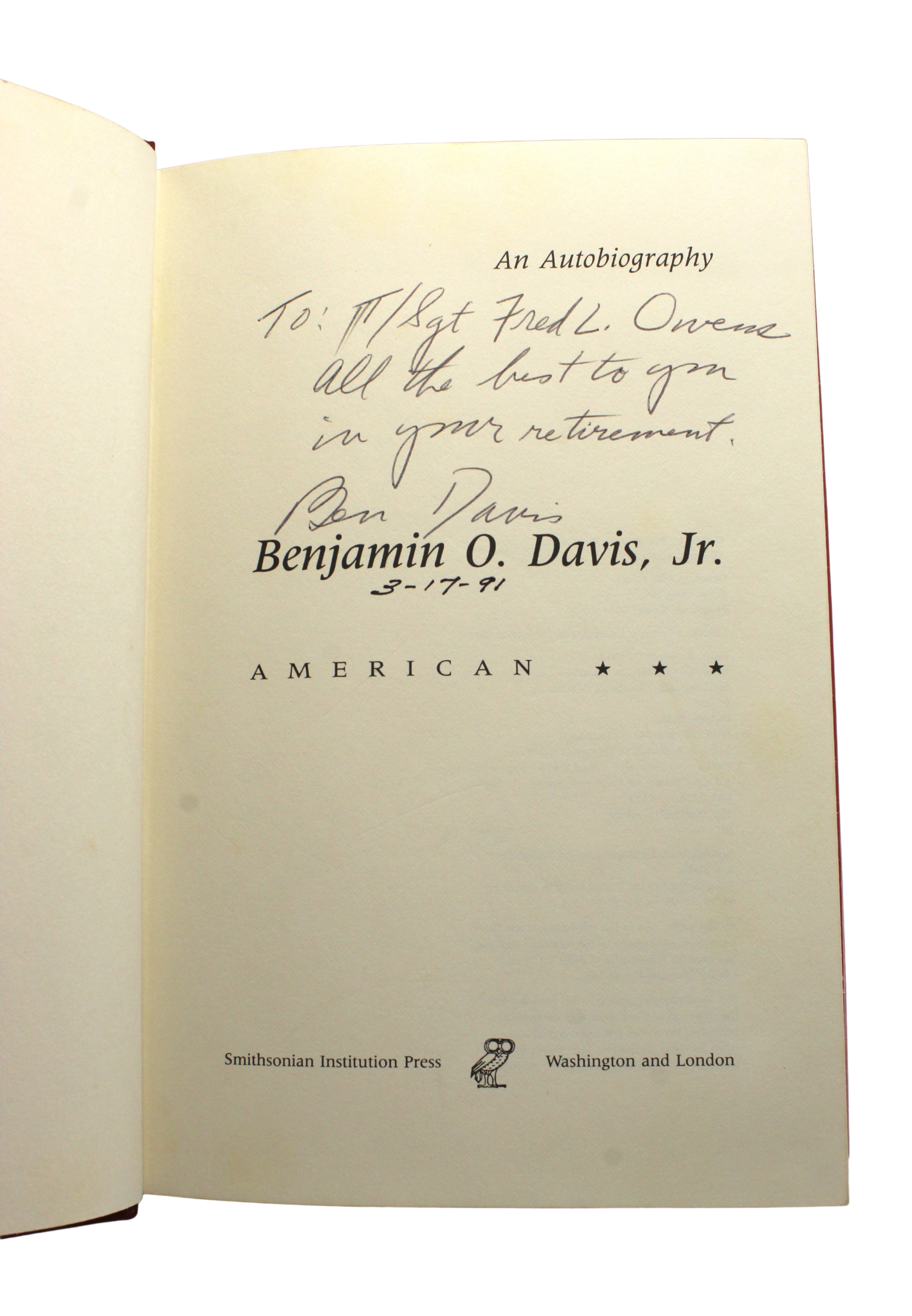 American: An Autobiography, Signed and Inscribed by Benjamin O. Davis, in Original Dust Jacket, 1991