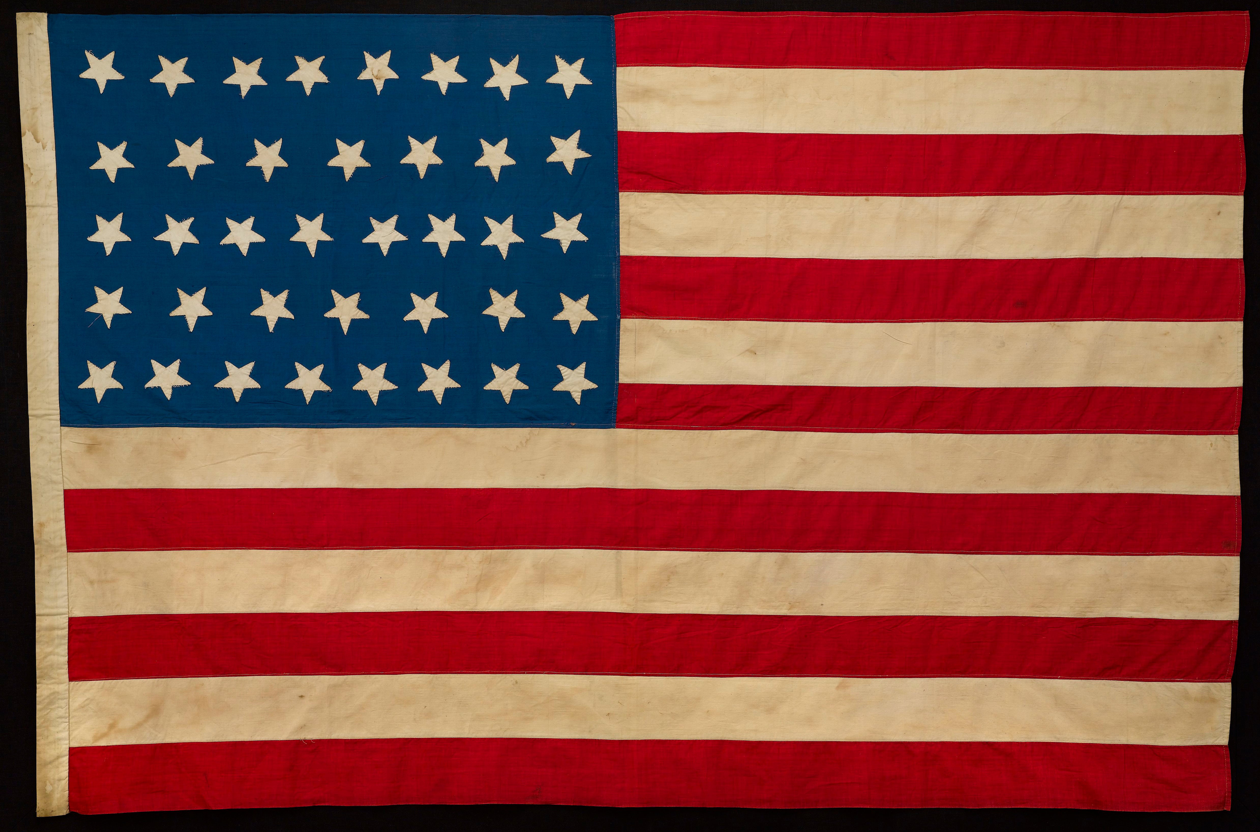 38-Star American Flag, with Double-Applique Hand-Sewn Stars, Celebrating Colorado Statehood, Circa 1876