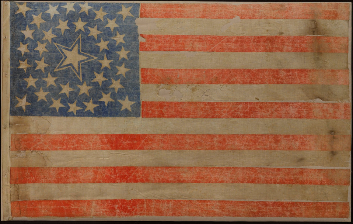 36-Star Printed American Flag, Rare Haloed Star Medallion, Circa 1865