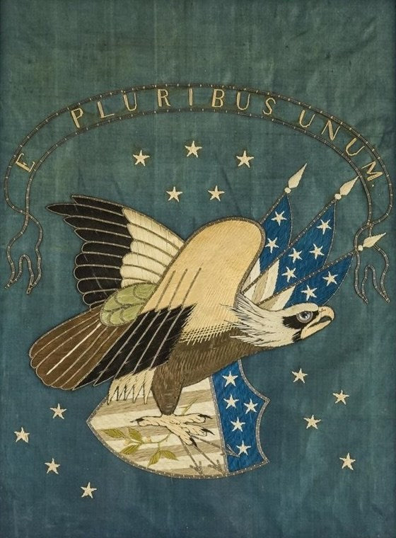 Patriotic "E Pluribus Unum" Eagle Silk and Metallic Embroidered Needlework, Late 19th Century