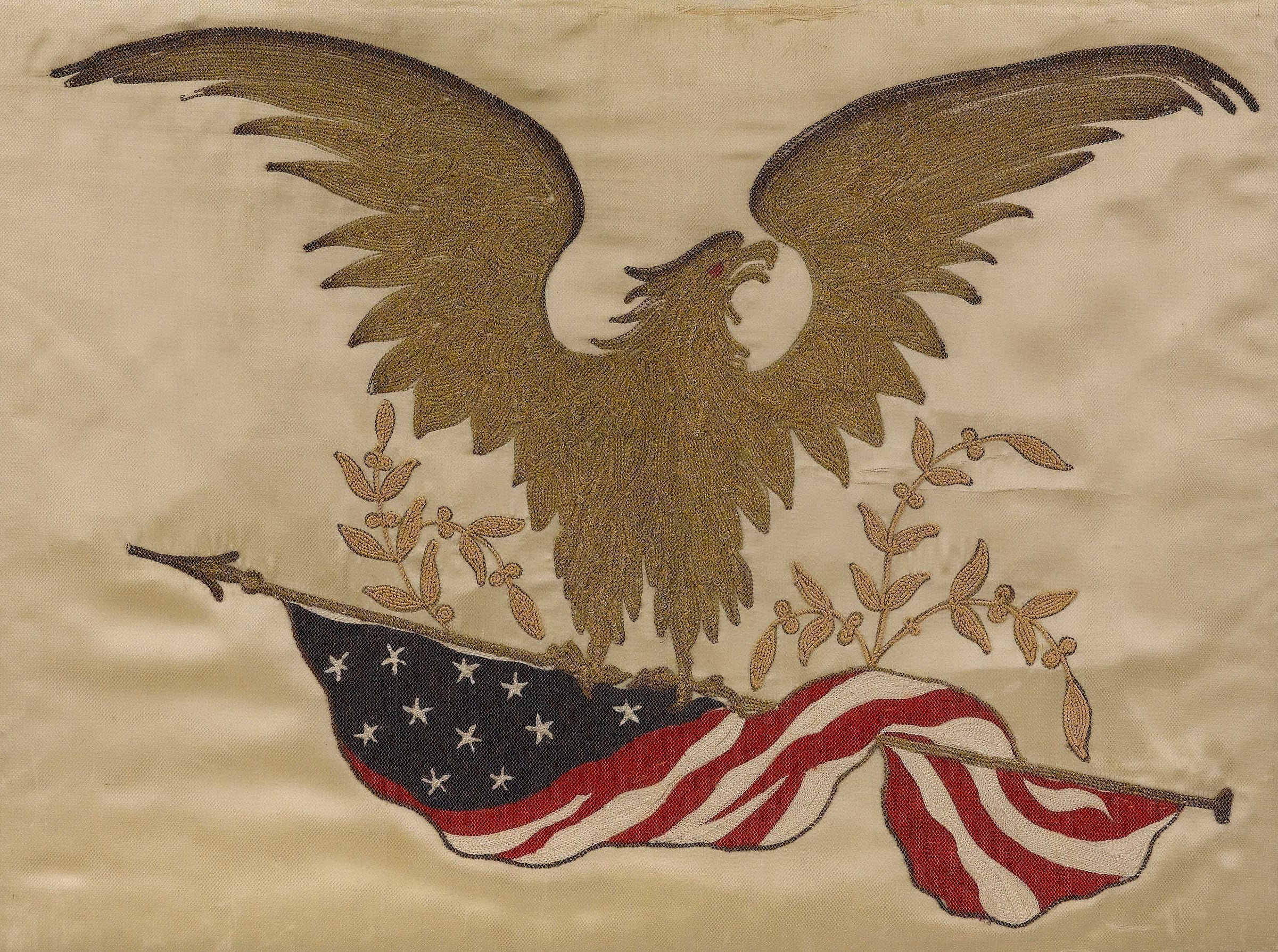 Vintage Patriotic American Eagle and Flag, Embroidered on Silk, 19th Century