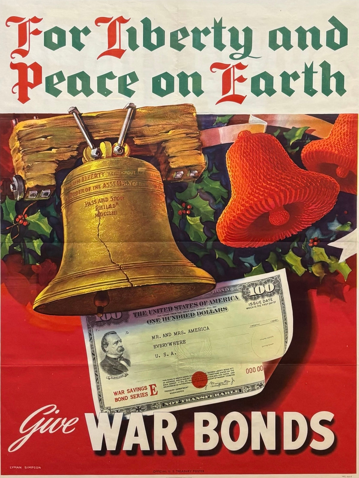 "For Liberty and Peace on Earth Give War Bonds" Vintage WWII Christmas Poster by Lyman Simpson, 1944