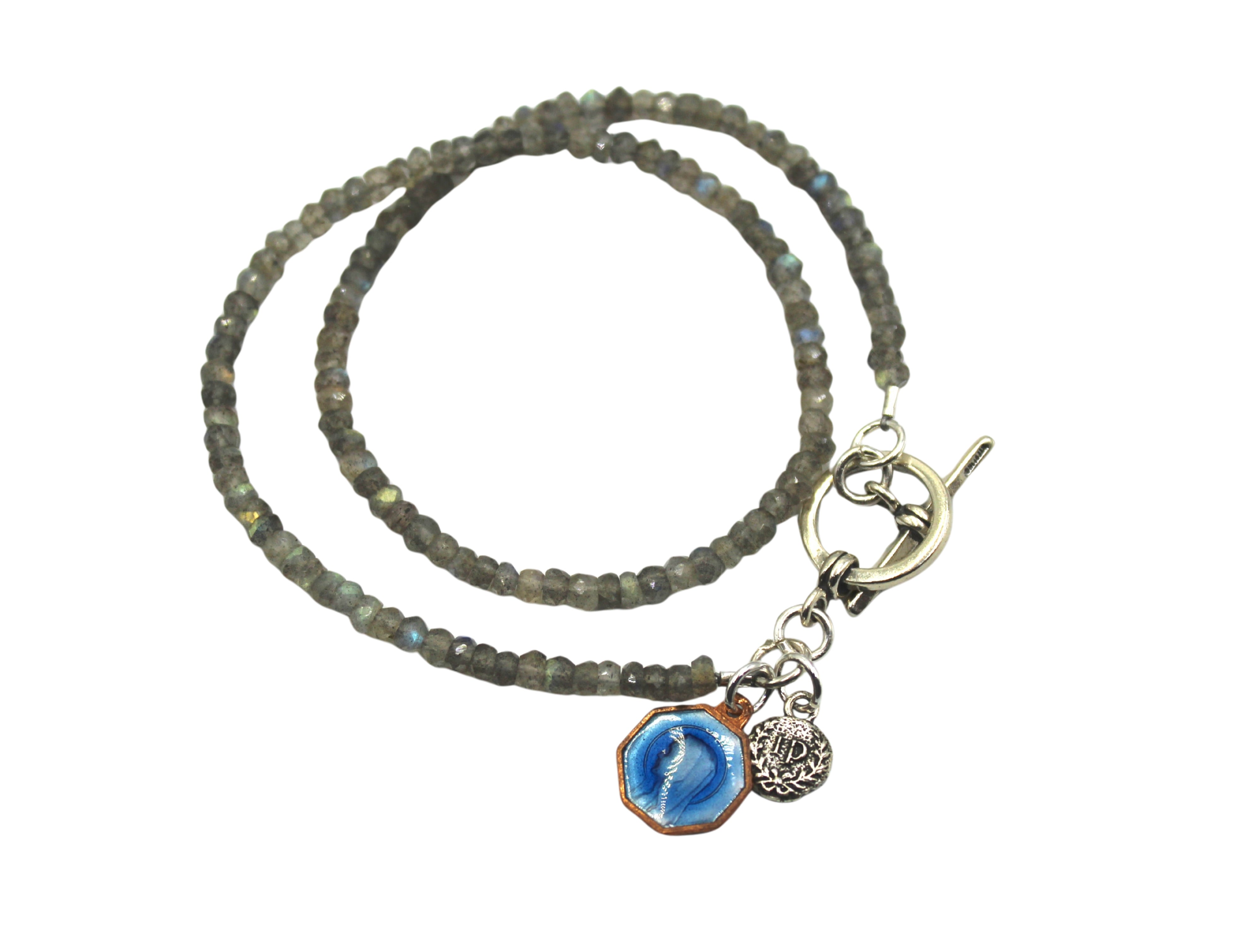 Antique Blue Enamel Medal of Mary Charm on Faceted Labradorite Double Wrap Bracelet