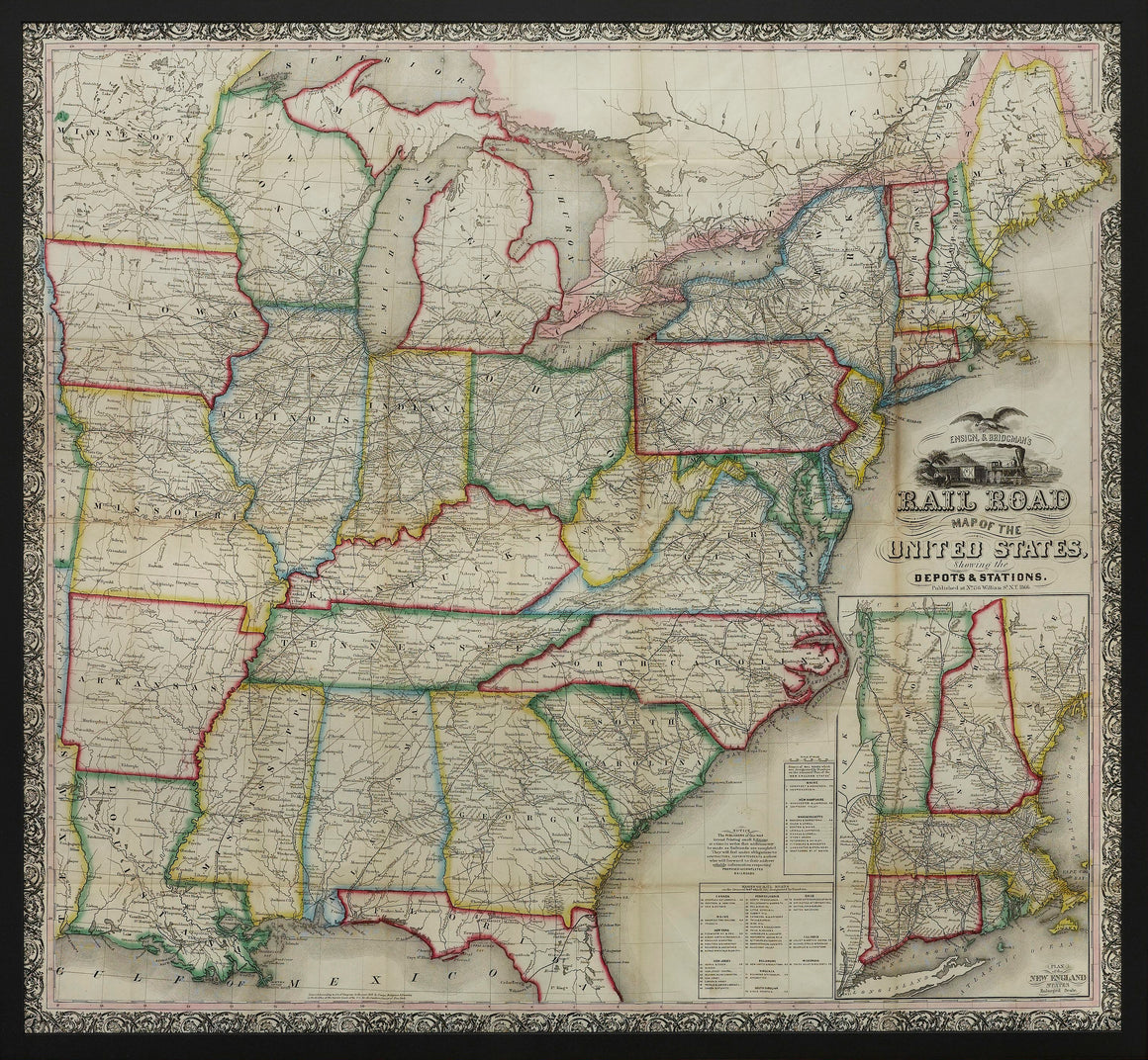 1866 "Ensign & Bridgman's Rail Road Map of the United States, showing Depots & Stations"