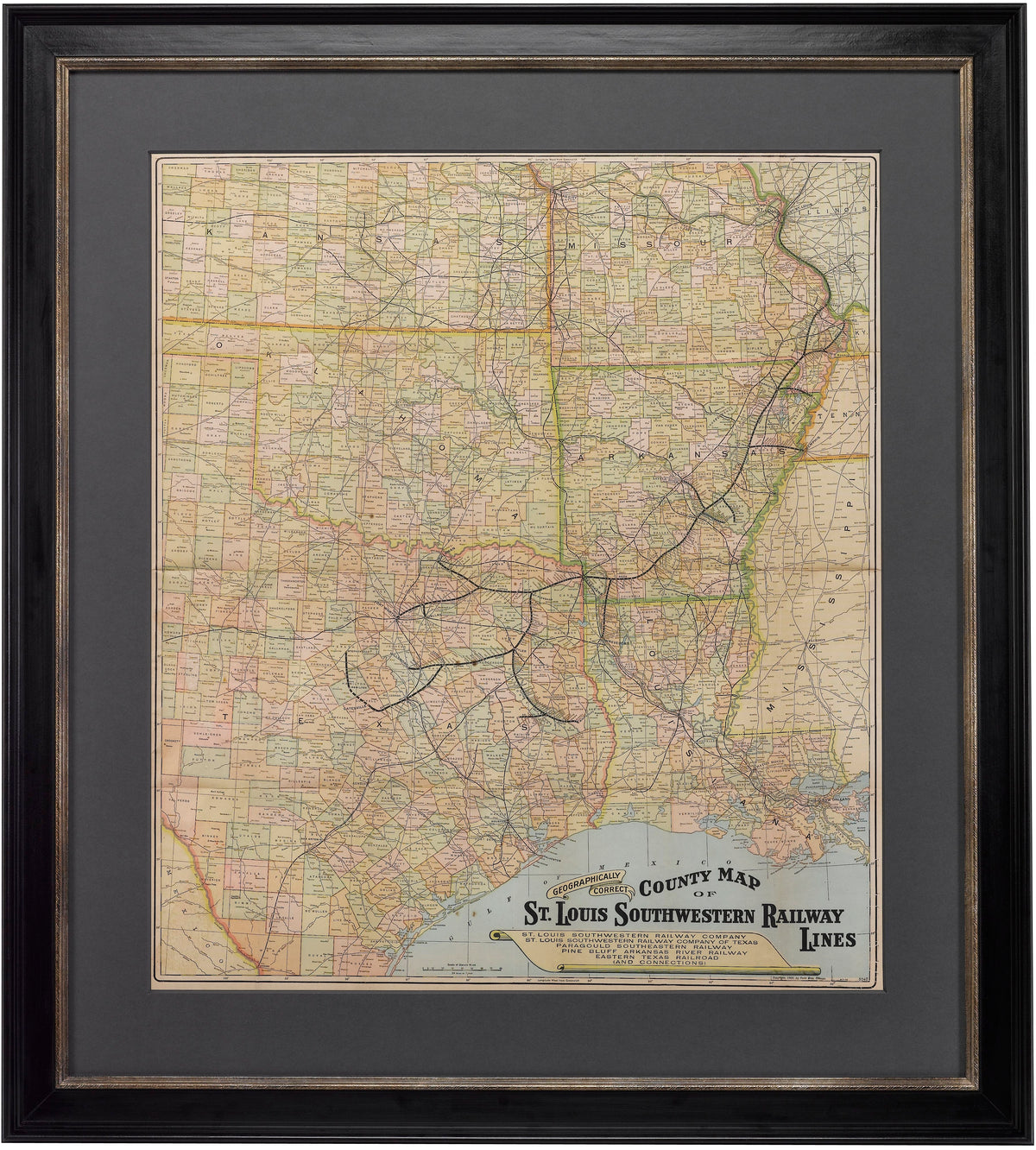 1909 "Geographically Correct County Map of St. Louis Southwestern Railway Lines" by Poole Bros.