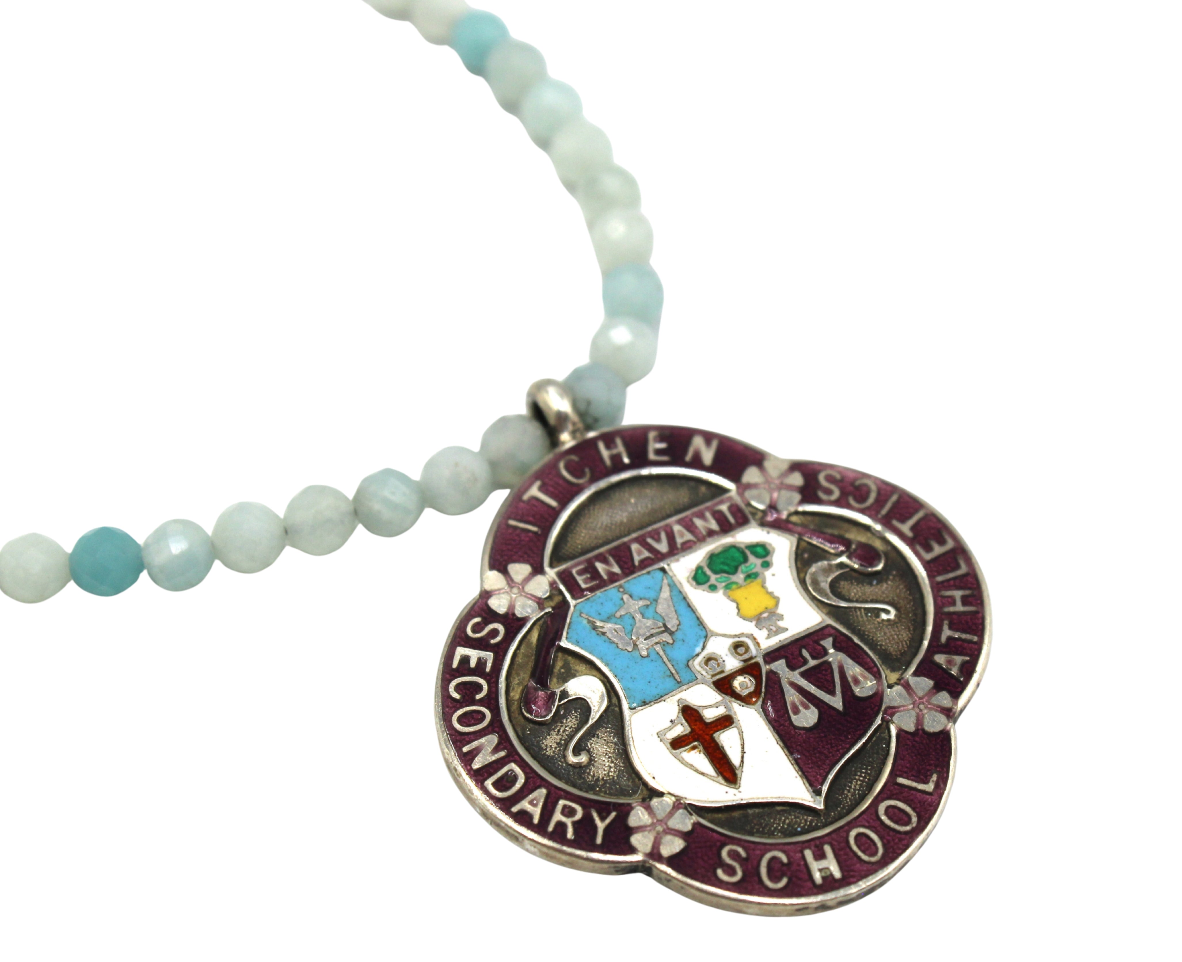Antique British Sterling Silver & Enamel Fob on a Faceted Amazonite Necklace