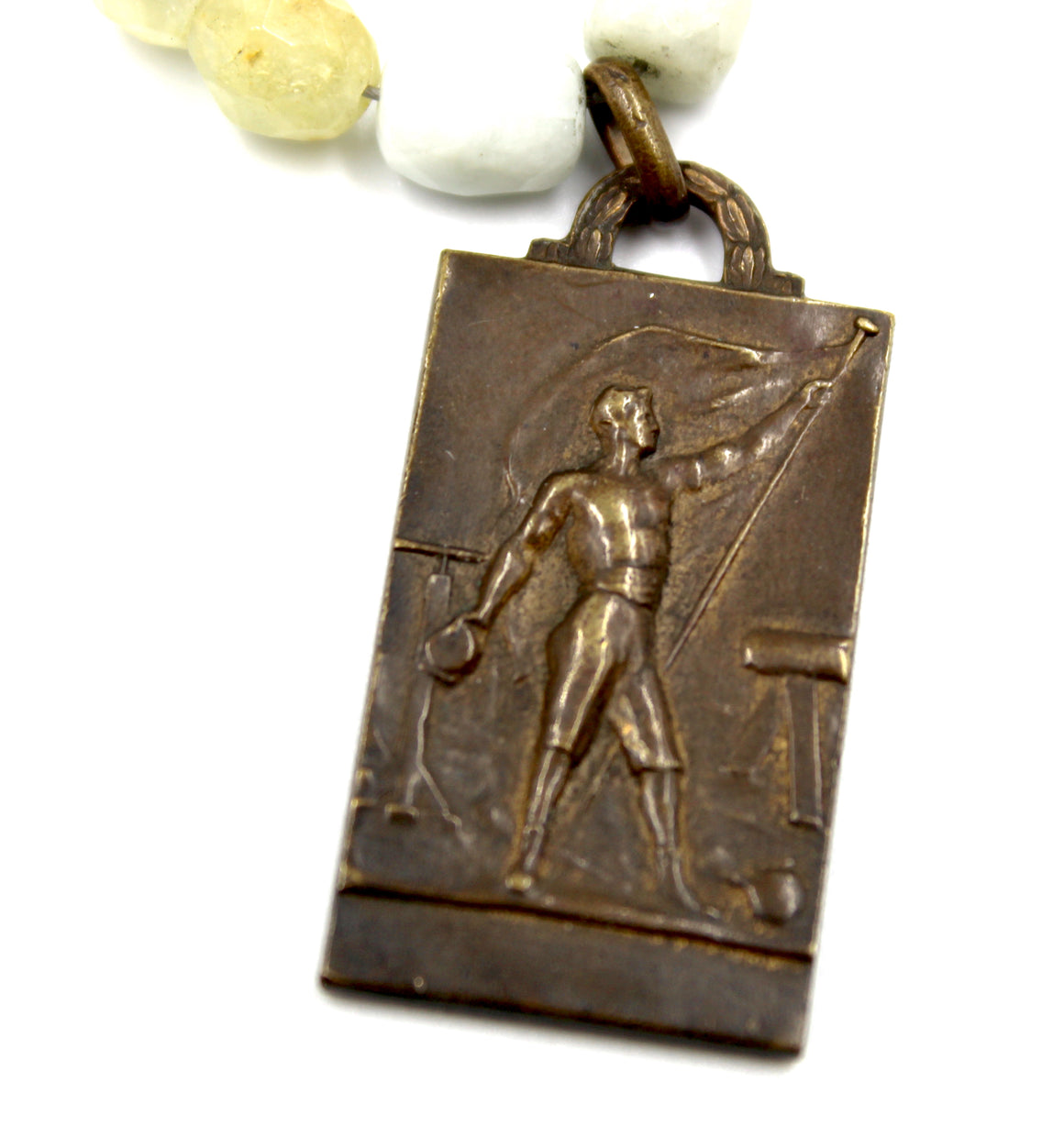 Antique 1925 Belgian Gymnastics Medal on a Chrysoprase Necklace