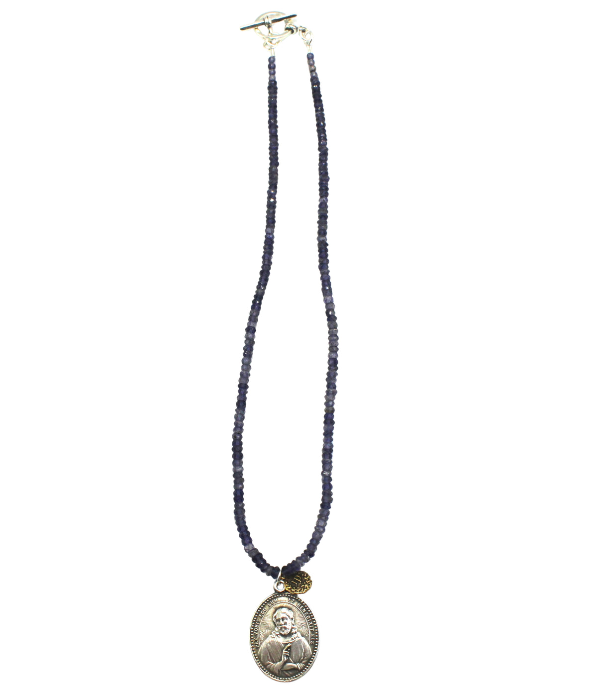 Antique French Medal of Jesus on a Faceted Iolite Necklace
