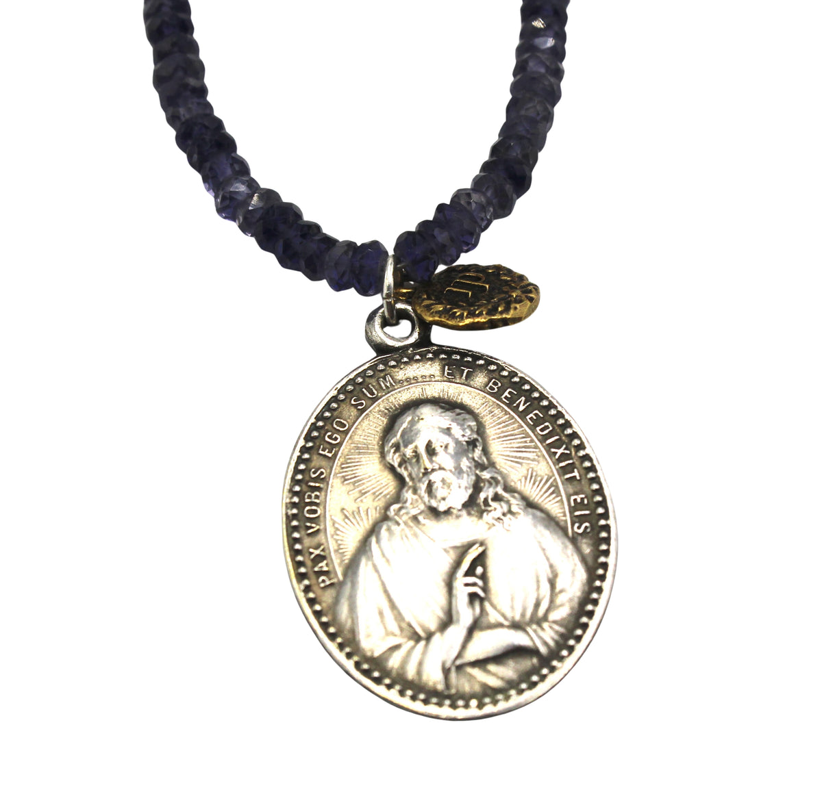 Antique French Medal of Jesus on a Faceted Iolite Necklace