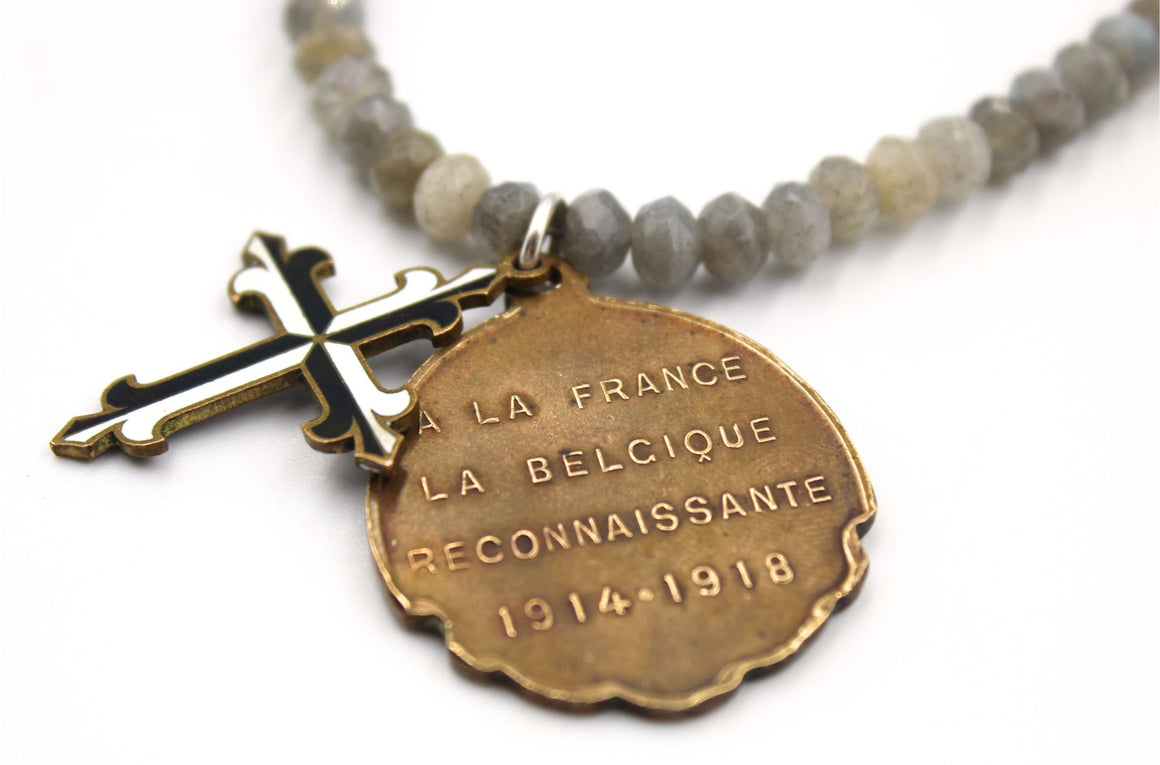 Antique Belgian WWI Medal and Enamel Cross on a Faceted Labradorite Necklace