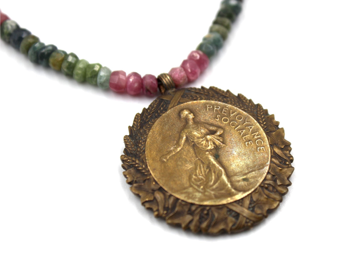 Antique French Ministry of Health Bronze Medal on Pink and Green Tourmaline Necklace