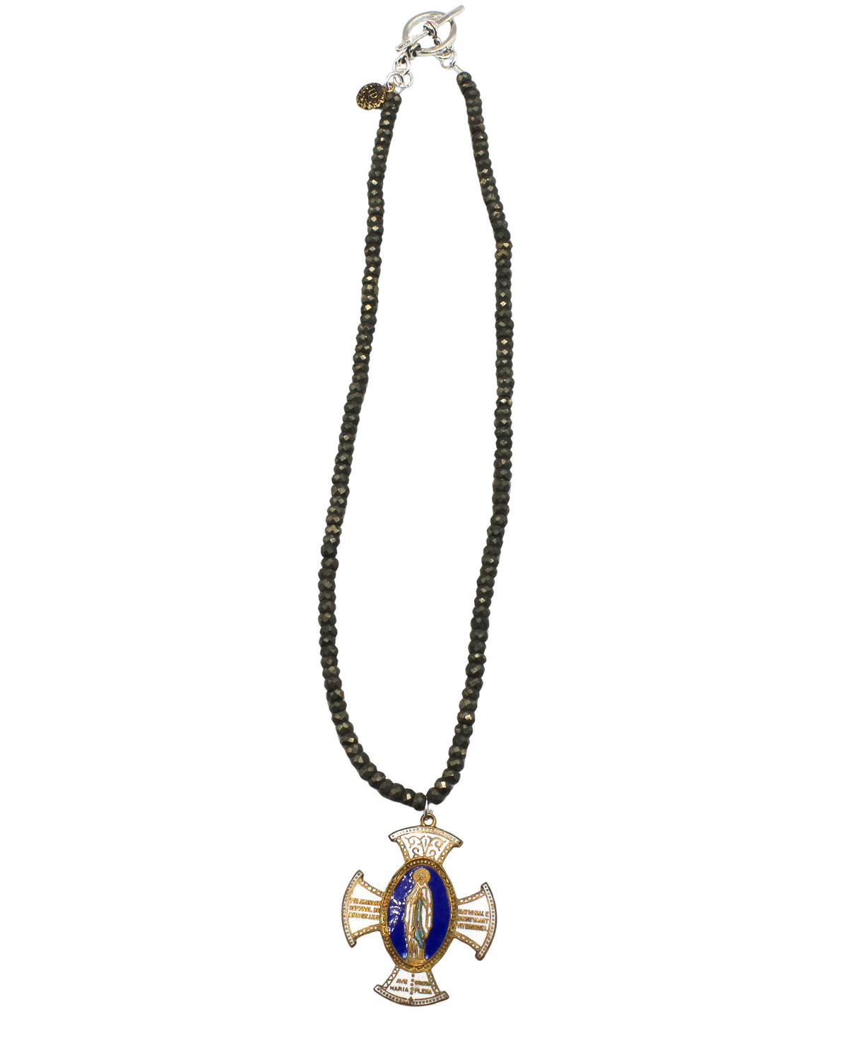 Antique Belgian Blue & White Medal of Mary on a Faceted Pyrite Necklace