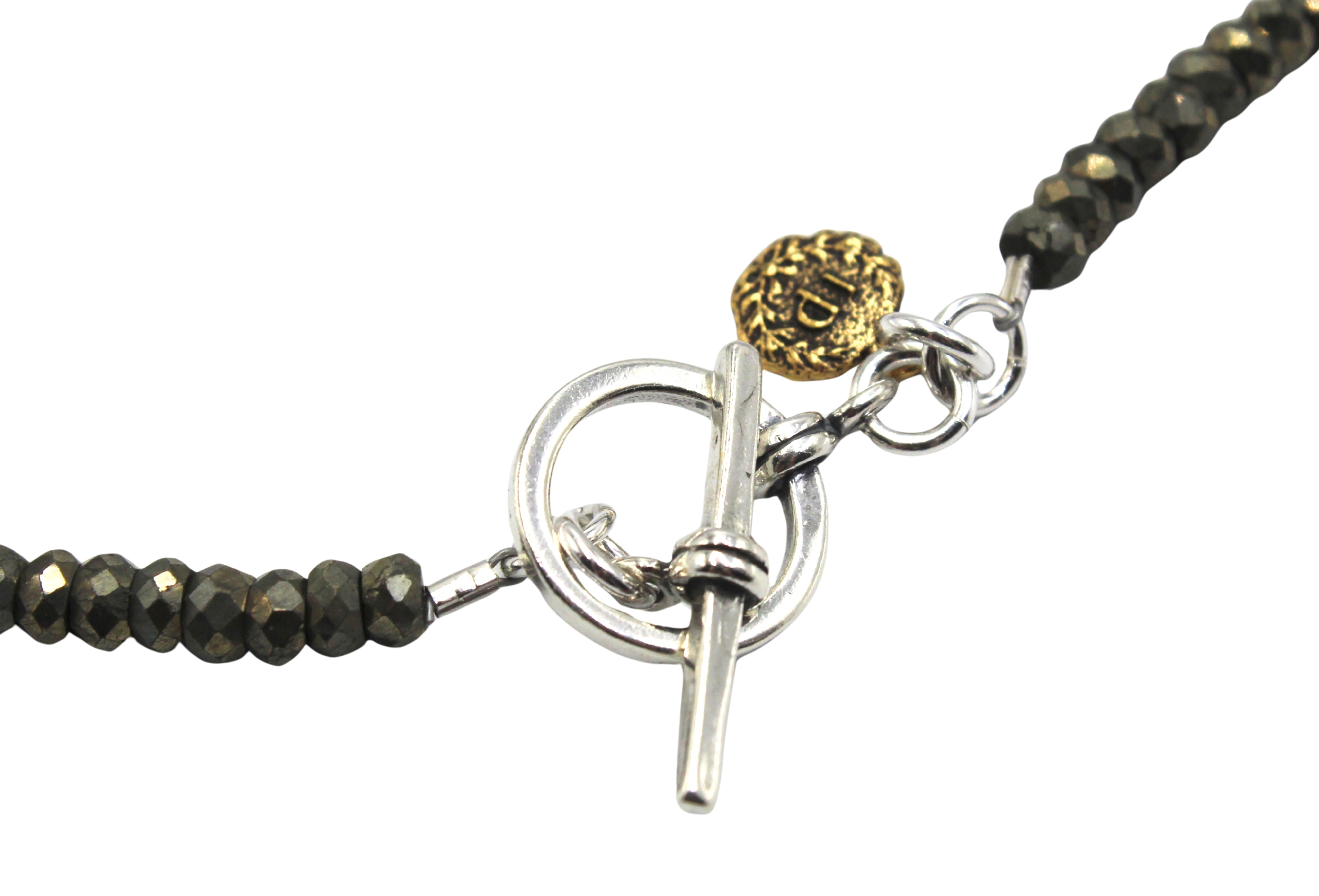 Antique Belgian Blue & White Medal of Mary on a Faceted Pyrite Necklace